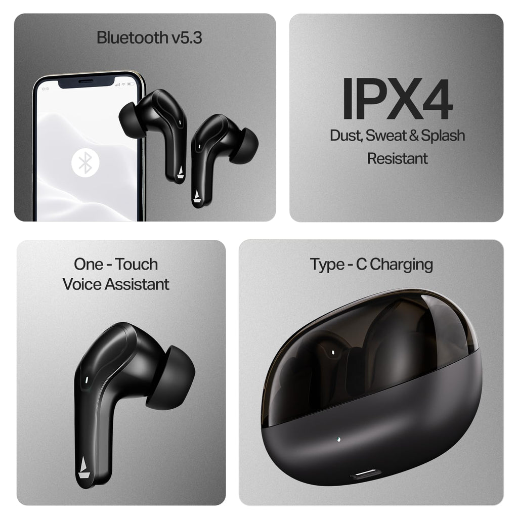 boAt Airdopes Plus 311 (2025 Launch), Glass Design, Dual Mics ENx, Fast Charge, 50 Hrs Battery, Low Latency, IPX4, Bluetooth Earbuds, TWS Ear Buds Wireless Earphones with mic (Charcoal Black)
