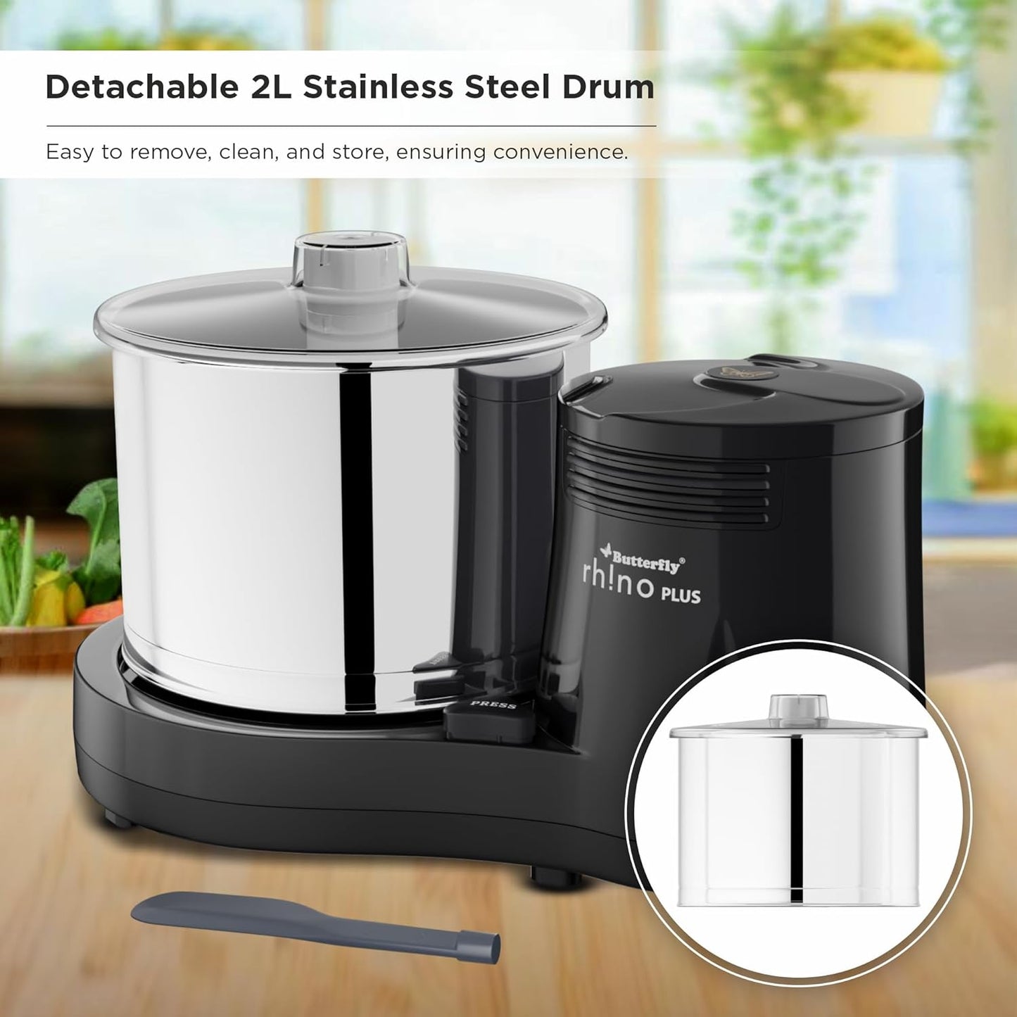 Butterfly Rhino Plus 2 Litres Table-Top Wet Grinder | 150 Watts | Shockproof ABS Body | Coconut Scrapper Attachment | Dough Kneader | Stainless Steel Drum | 2 Years Manufacturer's Warranty | Grey