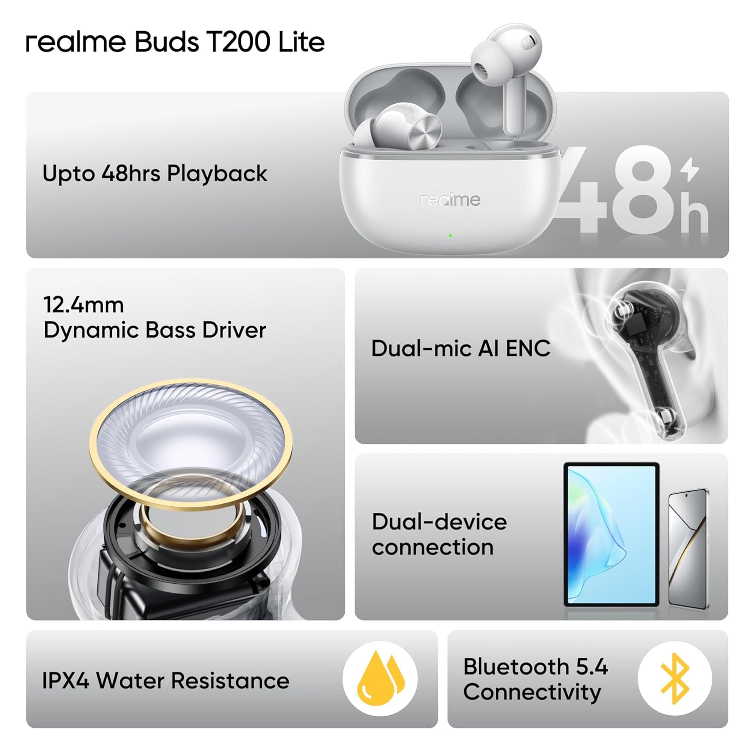 realme Buds T200 Lite Bluetooth in Ear Earbuds,4 Mic, AI ENC for Calls,48 Hours Total Playback with Fast Charging and Ultra Low Latency Gaming TWS,Google Fast Pair,with mic (Storm Grey)