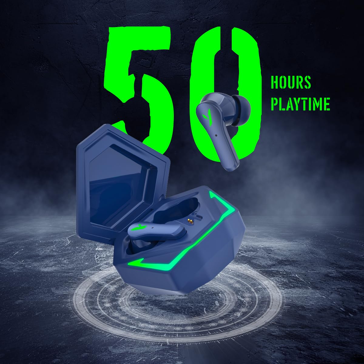 pTron Bassbuds Rogue W/ 40Ms Low-Latency Gaming,Clear Calls,50Hrs Playtime,Pristine Sound,V5.3 Bluetooth in Ear Headphones,Snug-Fit,RGB Lights,Touch Control,Voice Assist,IPX5 Water Resistant(Blue)