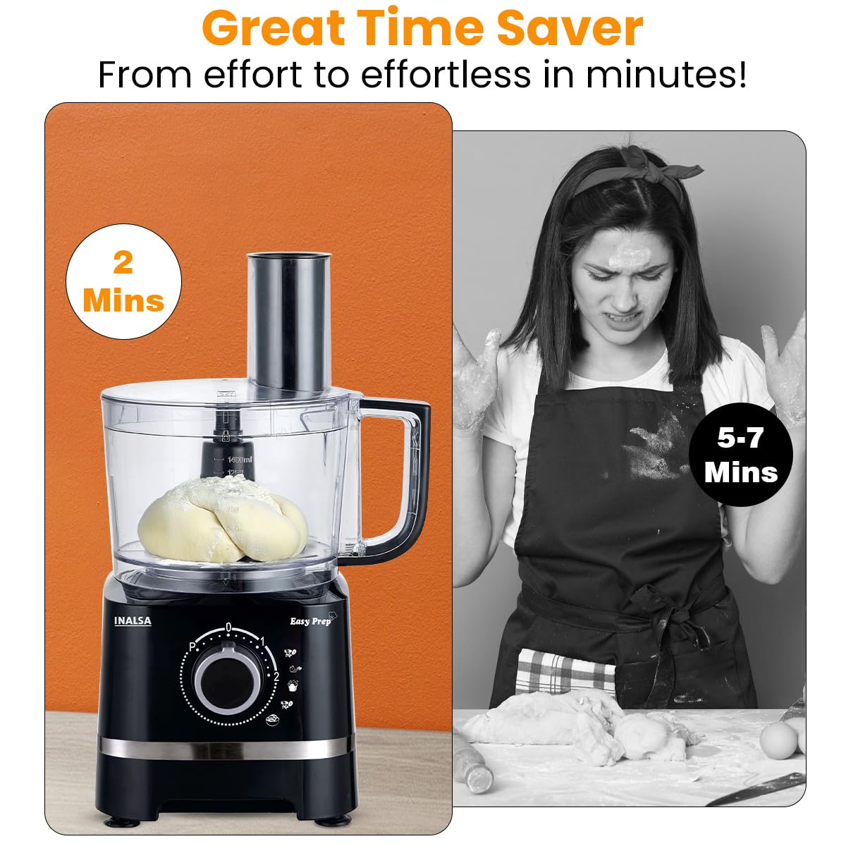 INALSA Food Processor with Atta Kneader 800 Watts|1.4L Processing Bowl 7 Accessories including Dough Maker Electric Chopper,French Fry Cutter,Slicer,Shredder,Meat Mincer Dough Maker Machine,Easy Prep