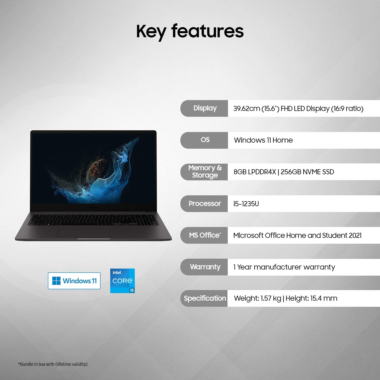 Samsung Galaxy Book2 Intel 12th Gen core i5 39.6cm (15.6") FHD LED Thin & Light Laptop (8 GB/256 GB SSD/Windows 11/MS Office/Backlit Keyboard/Finger Print Reader/Graphite/1.57Kg), NP750XED-KB1IN