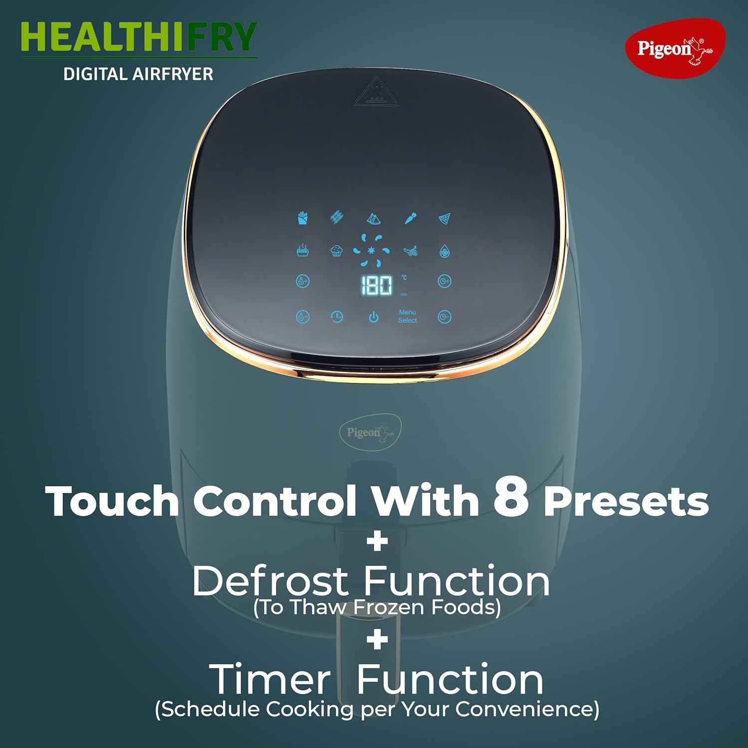 Pigeon Healthifry Digital Air Fryer, 360° High Speed Air Circulation Technology 1200 W with Non-Stick 4.2 L Basket - Green