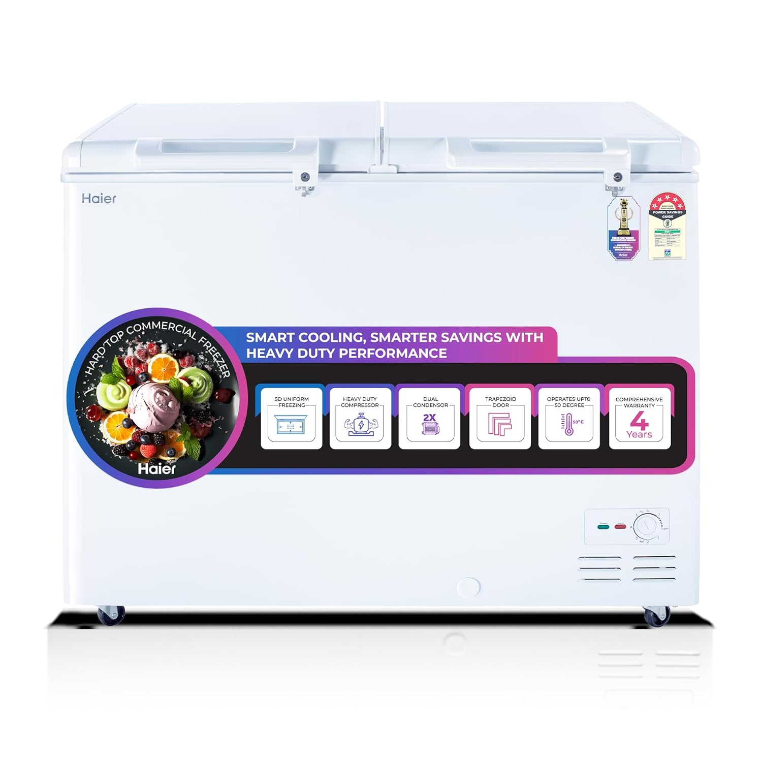 Haier HFC-350DM5, 5 Star Rating Double Door Convertible Deep Freezer, 5 Side Freezing, Dual Condenser, inside metal liner with 4 Years Comprehensive Warranty (White)