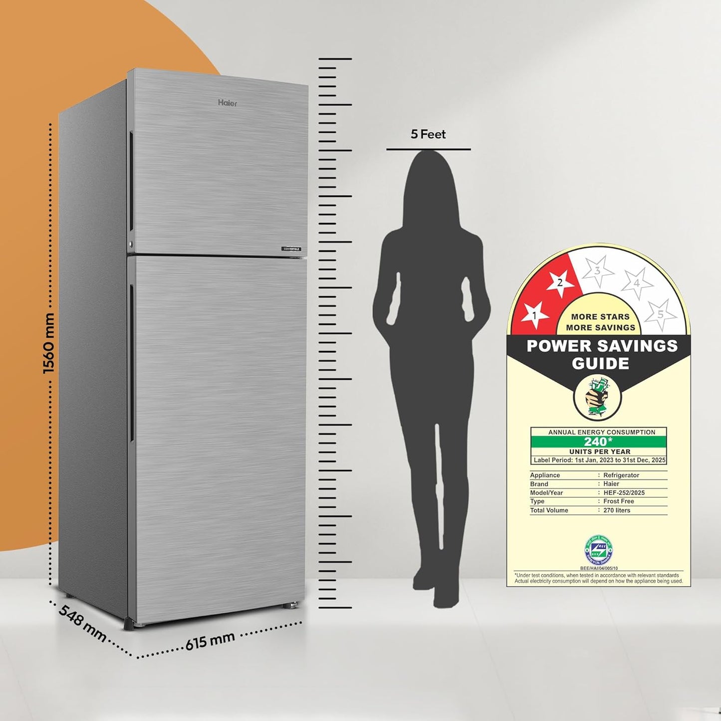 Haier 240 L, 2 Star, 5 In 1 Convertible, Frost Free Double Door Refrigerator (HEF-252DS-P, Dazzle Steel)