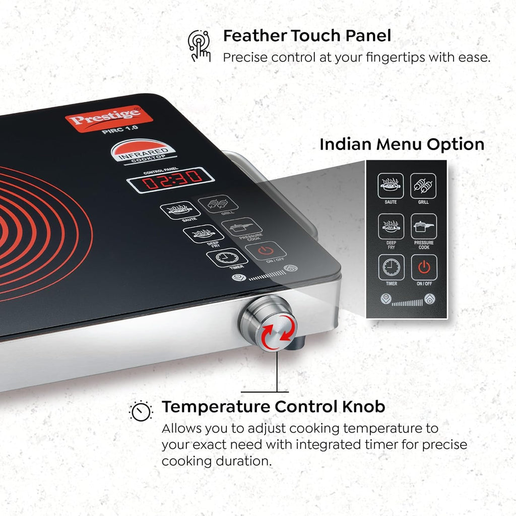 Prestige Infrared Cooktop PIRC 1.0 | 2200W, Stainless Steel & Ceramic | Adjustable Temperature Control | Cool Touch Handle | 1-Year Warranty | Black