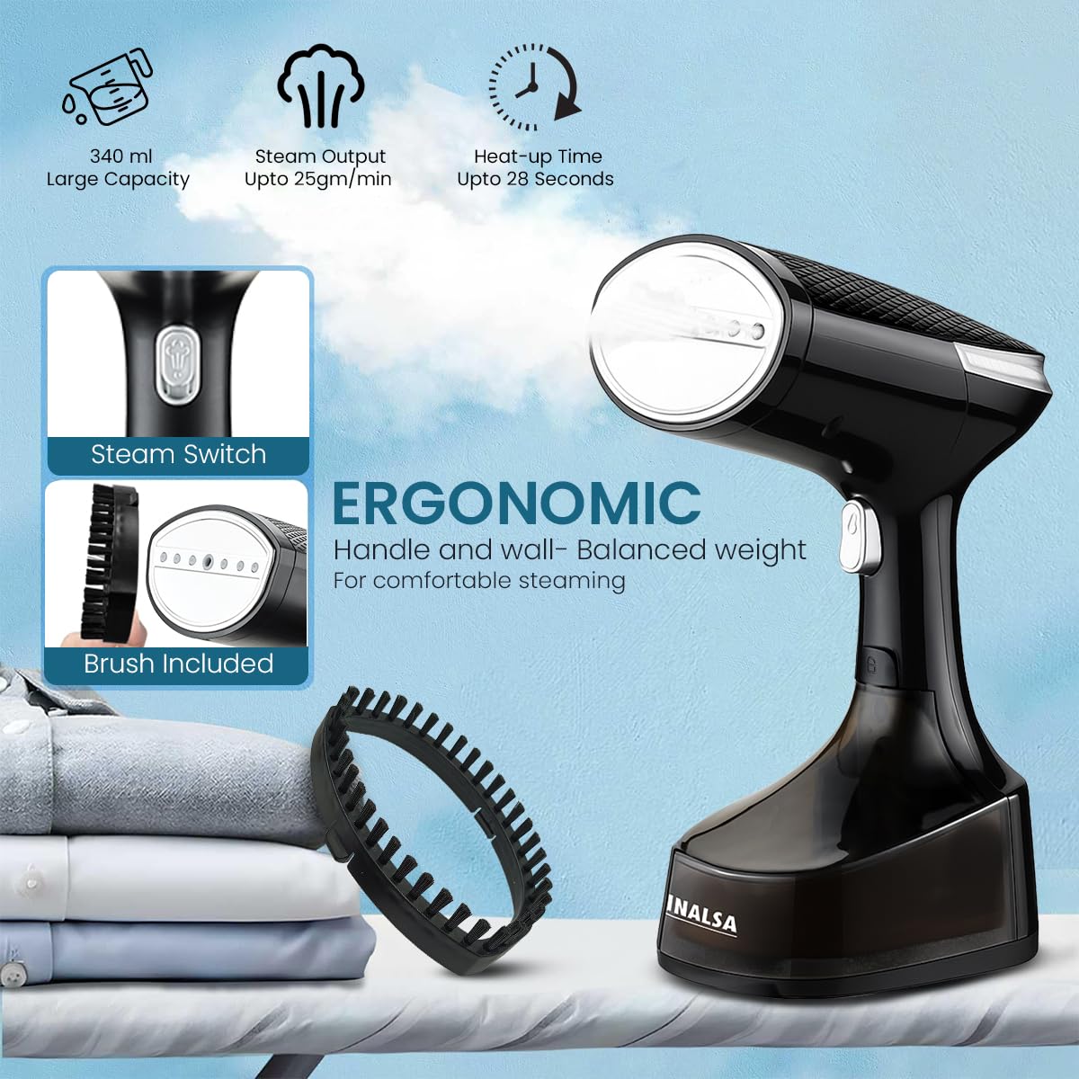 INALSA Garment Steamer for Clothes,Steam Iron Press - Vertical & Horizontal Steaming up to 25g/min, 1600 Watt,340 ml Water tank & 28 sec Fast Heating,Hetaing On/OFF Indicator Light (Cosicosy)
