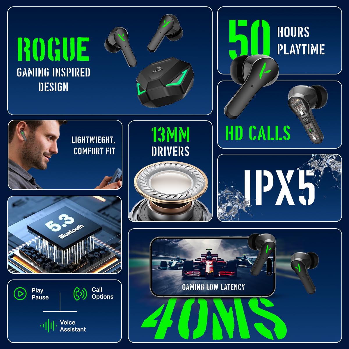 pTron Bassbuds Rogue W/ 40Ms Low-Latency Gaming,Clear Calls,50Hrs Playtime,Pristine Sound,V5.3 Bluetooth in Ear Headphones,Snug-Fit,RGB Lights,Touch Control,Voice Assist,IPX5 Water Resistant(Black)