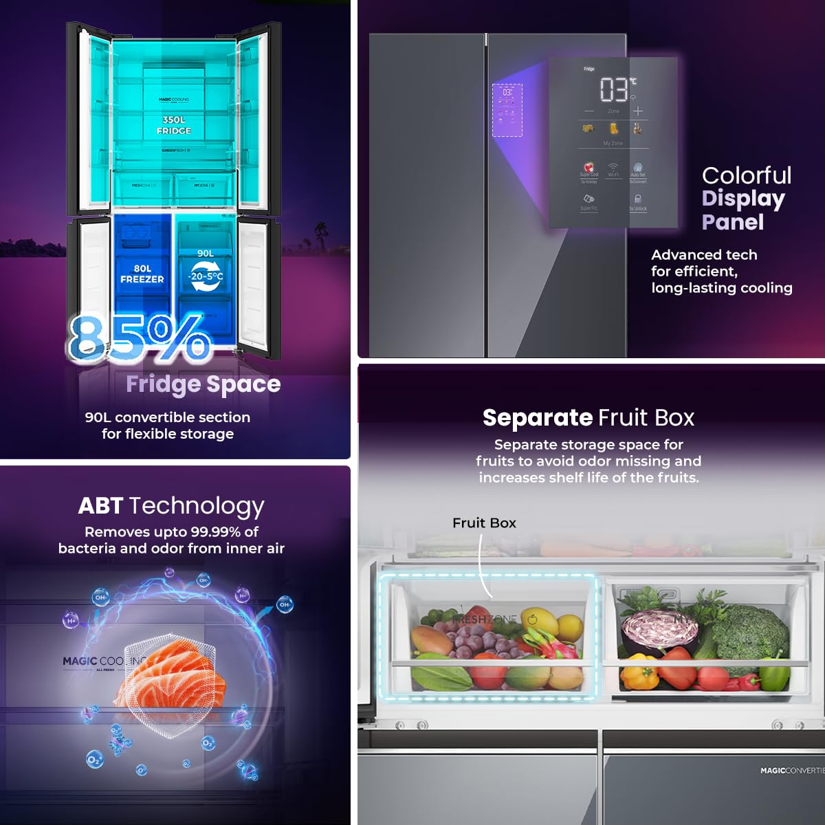 Haier 520L 3Star Lumiere 4-Door Side by Side Frost Free Refrigerator|Convertible|Smart Sense AI|Inverter|Colourful Display Panel|My zone|Sun Lit Interior (2025 Model, HRB-600MGU1, Mirror Glass)