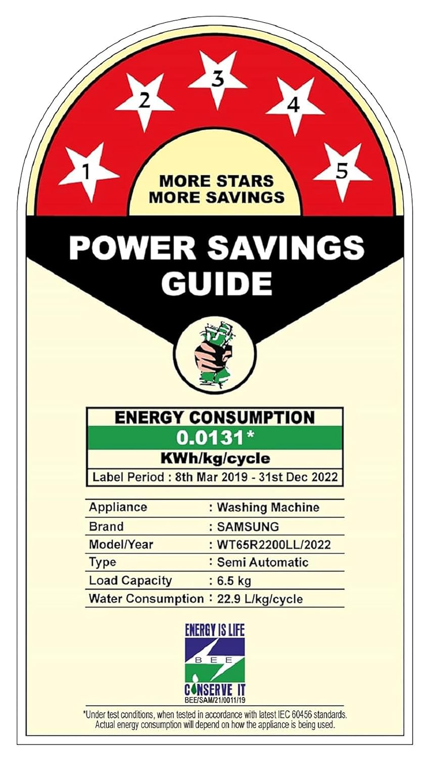 Samsung 6.5 kg, 5 star, Semi-Automatic Top Load Washing Machine (WT65R2200LL/TL, Air Turbo Drying, LIGHT GRAY, 5 Year Warranty on Wash Motor)