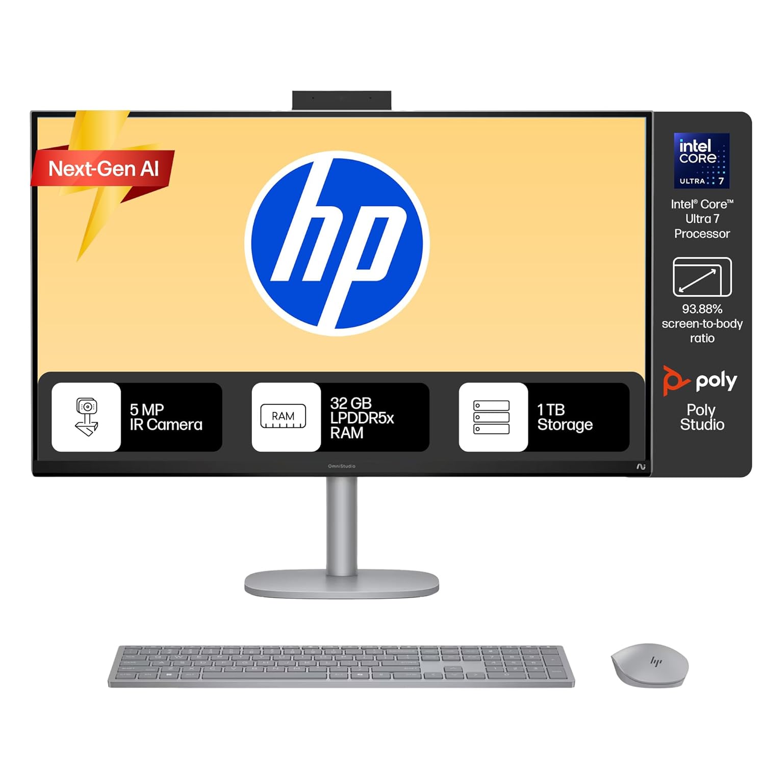 HP OmniStudio X Next Gen AI AIO, Intel Core Ultra 7 258V, 47 Tops,(32GB DDR5,1TB SSD) 4K UHD (3840 x 2160), IPS,550 nits,31.5inch(80.1cm), Win 11, Office24, Meteor Silver, 9.56kg, 32-c1574in