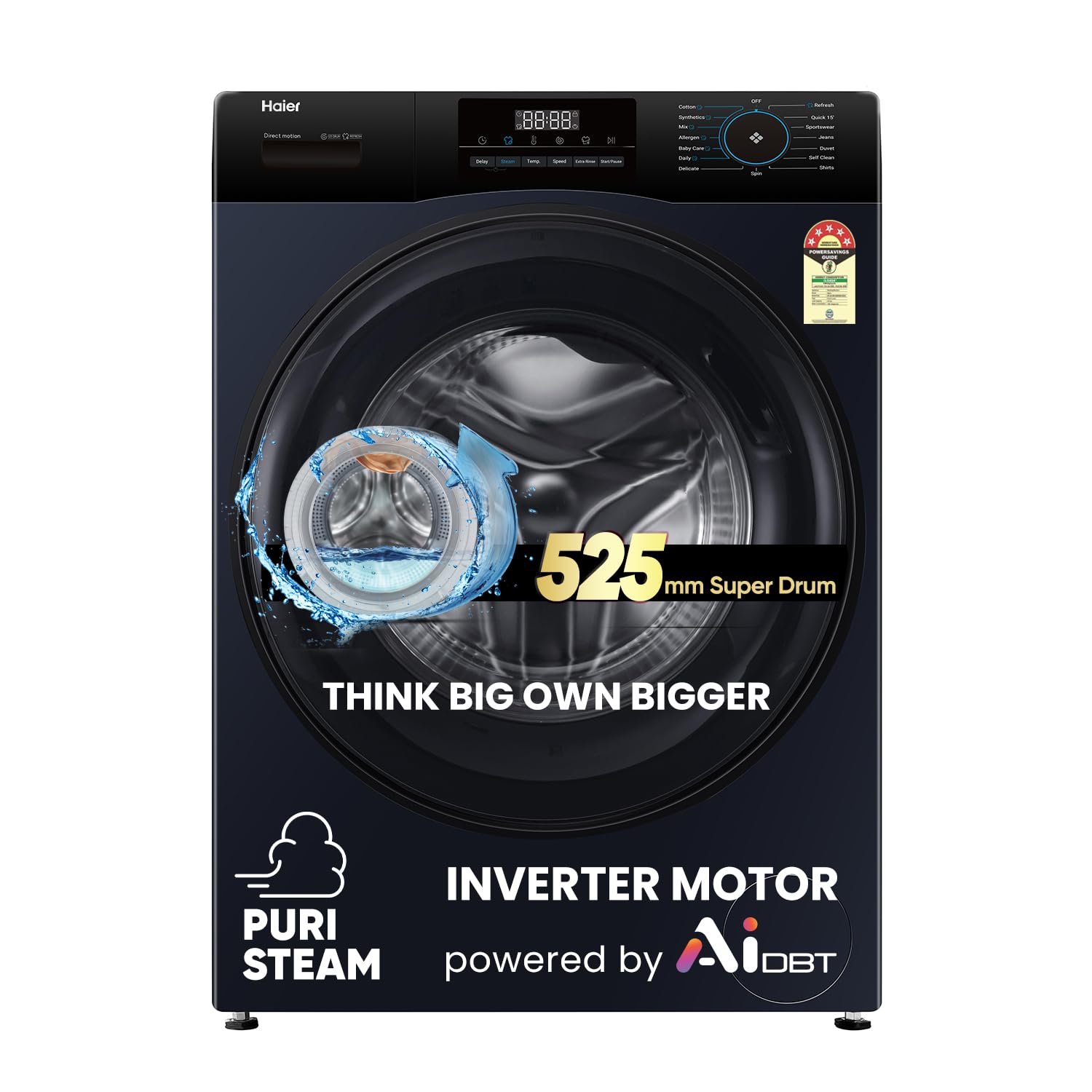 Haier 9 Kg 5 Star Powered by AI-DBT with Direct Drive Technology, PuriSteam, 525mm Super Drum Fully Automatic Front Load Washing Machine (EFL90-DM14IBIEBK,In-Built Heater,Steel Drum,Black)