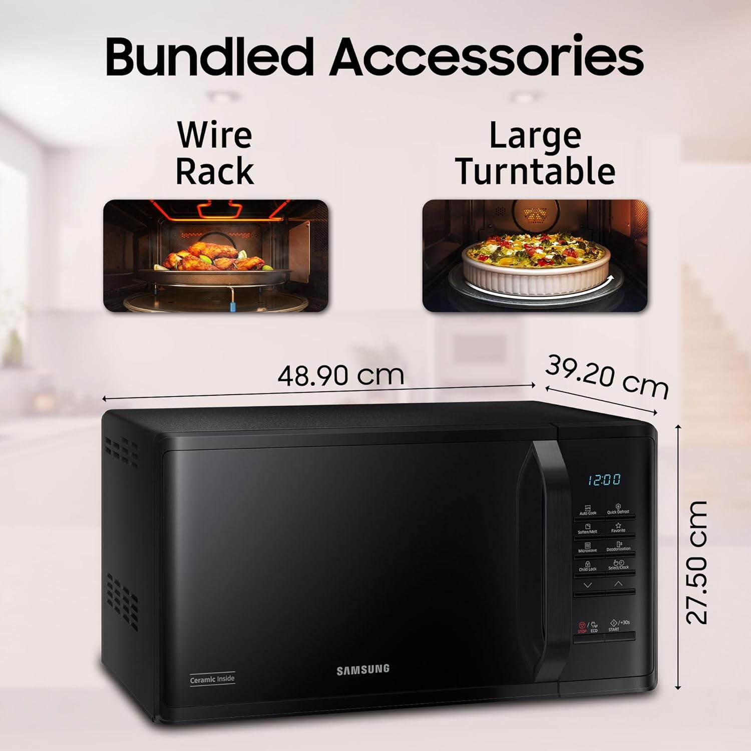 Samsung 23 L Grill Microwave Oven (MG23A3515AK/TL, Black, Various Auto Cook Programs, Keep Warm, Quick Defrost, LED Display, Ceramic Enamel Cavity, Wire Rack with 10 year warranty)