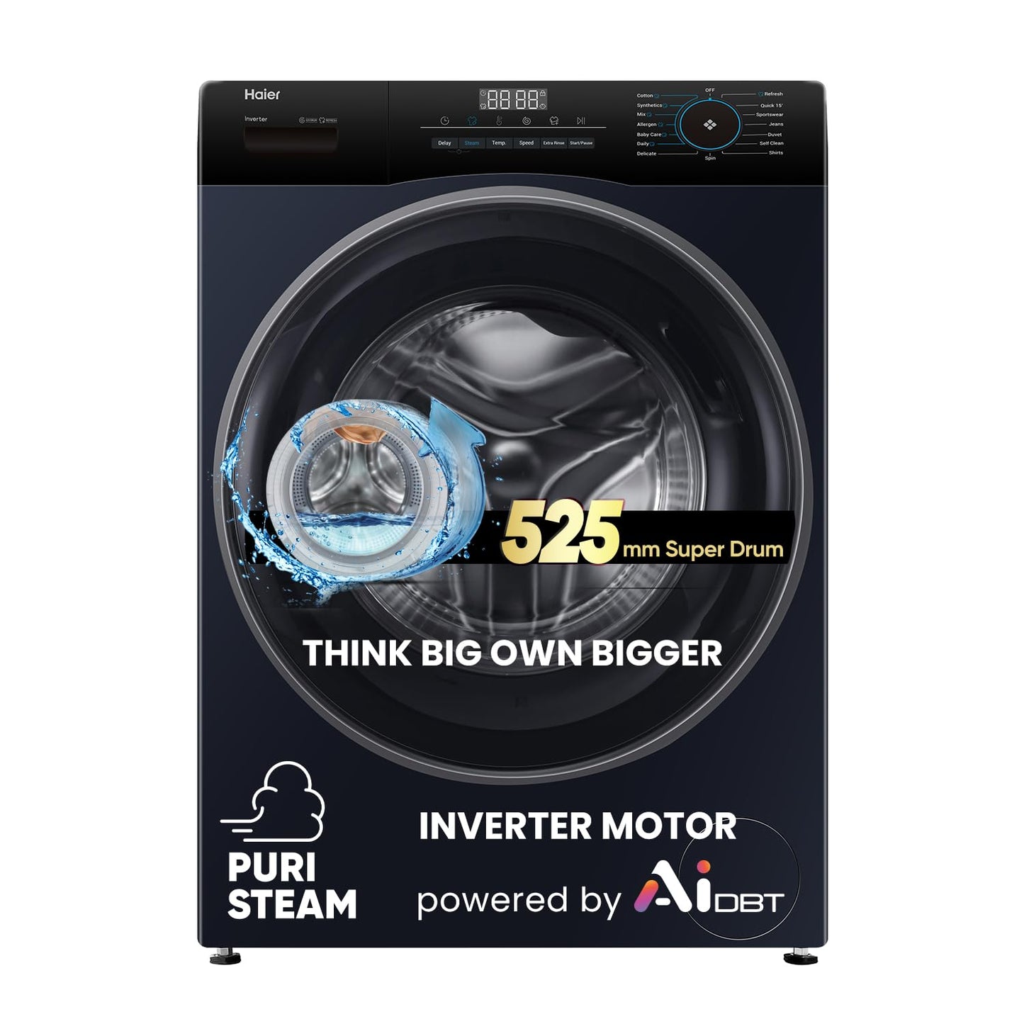Haier 7 Kg 5 Star Powered by AI-DBT with PuriSteam, 525mm Super Drum Fully Automatic Front Load Washing Machine (HW70-IM12929BK, Inverter with In-Built Heater, Black)