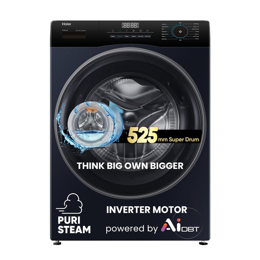 Haier 7 Kg 5 Star Powered by AI-DBT with PuriSteam, 525mm Super Drum Fully Automatic Front Load Washing Machine (HW70-IM12929BK, Inverter with In-Built Heater, Black)