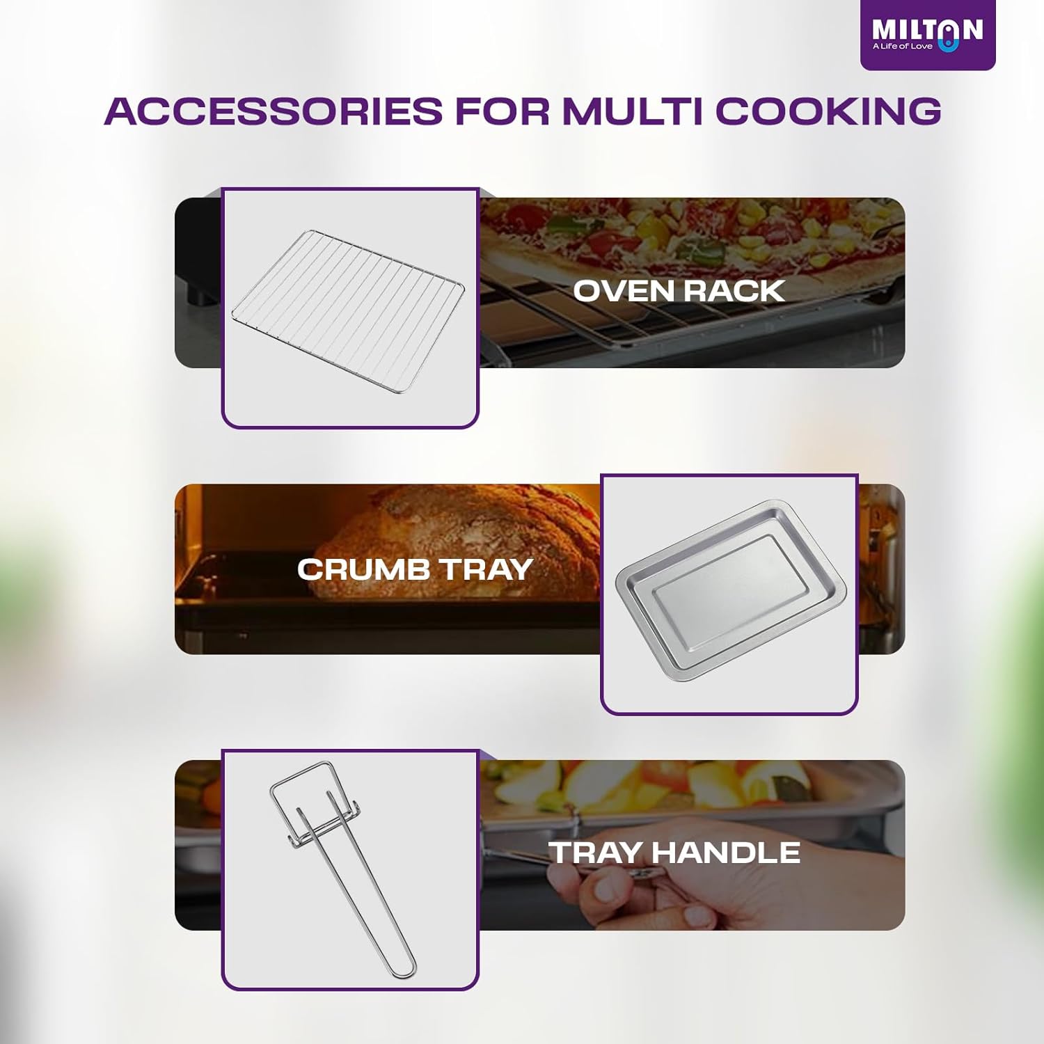 Milton 10L OTG Oven Toaster Griller for Kitchen | 800W | Royal Black Finish | Auto Shut-Off | 250°C Thermostat | Timer, Bell & Tempered Glass | Easy to Clean | Includes Grill Rack & Baking Tray