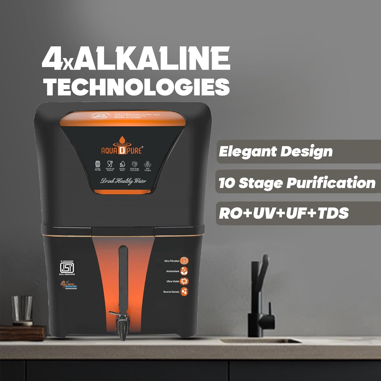 AQUA D PURE Copper + Alkaline RO Water Purifier 12L RO+UV+UF Copper+Bio-Alkaline +TDS Control+UV Purified Water with Goodness of RO Water Purifier, Black
