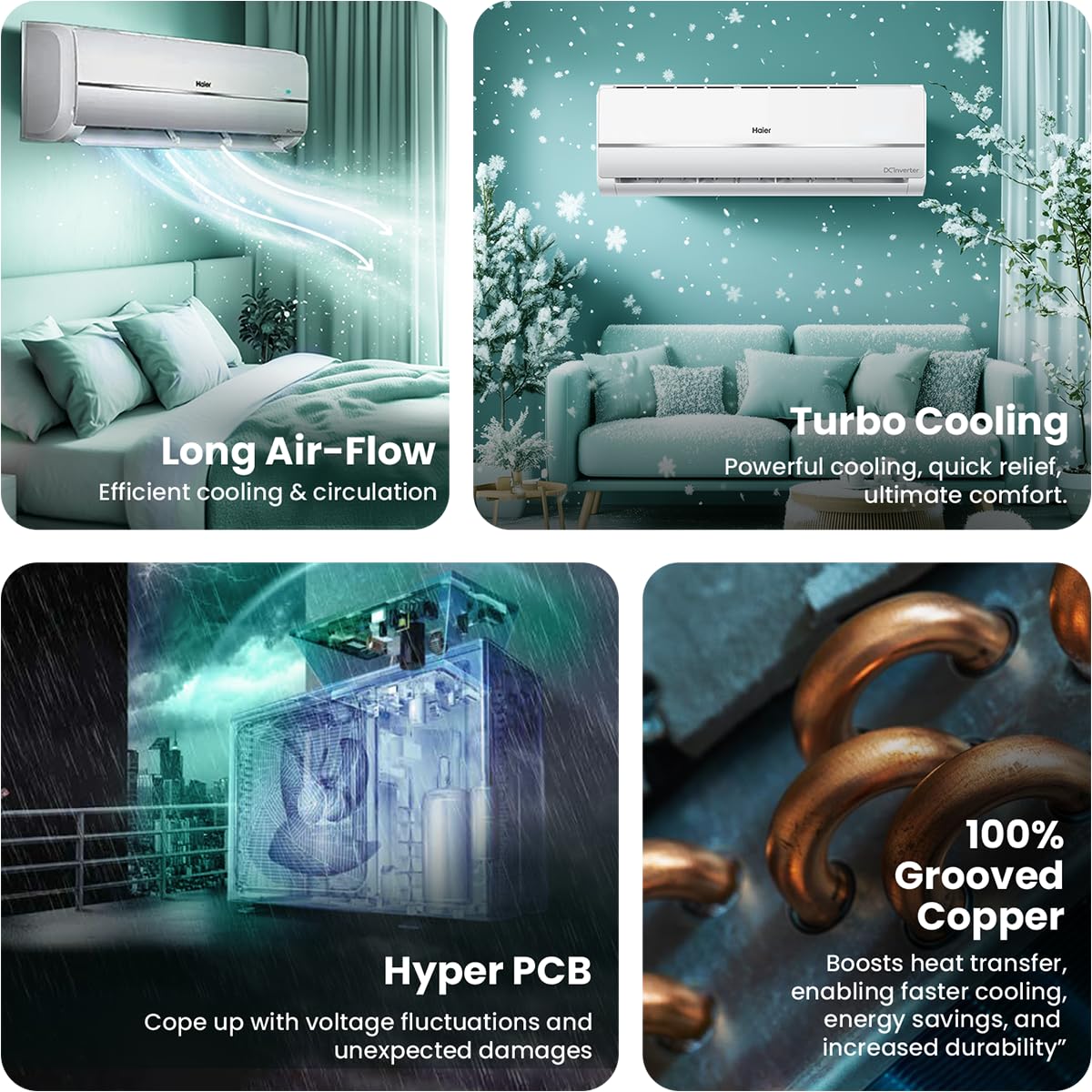 Haier 1.5 Ton 3 Star Twin Inverter Split AC (Copper, 7 in 1 Convertible, Frost Self Clean, HD Filter, Cools at 54°C, Long Air Throw - HSU17VP-TQS3BN-INV, White)