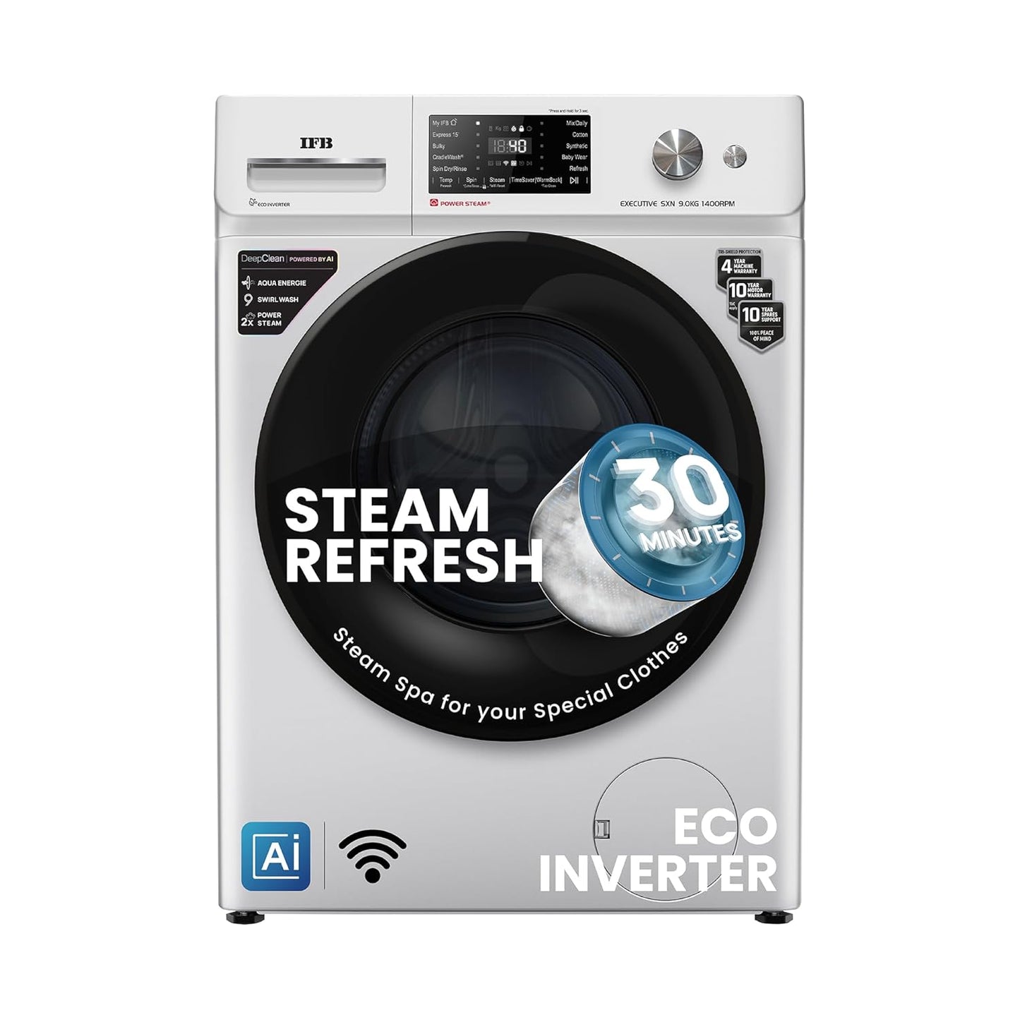 IFB 9 Kg 5 Star Powered by AI with 9 Swirl Wash, WiFi, Fully Automatic Front Load Washing Machine (Executive SXN 9014K, Steam Refresh Program with Eco Inverter, Rich Silver)