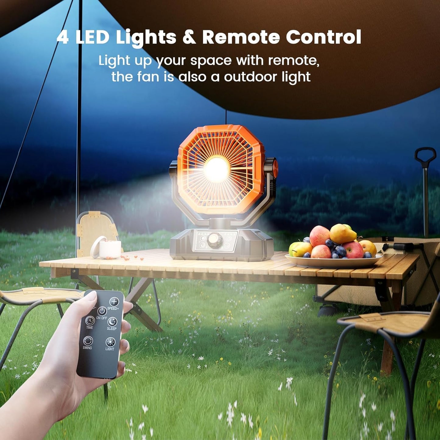 Tuarso 20000mAh Rechargeable Portable Fan for Home with LED Emergency Light, Battery Table Fan Rechargeable Big Size with Remote Control 8 High Speeds Wind, Kitchen Fans for Cooking Orange