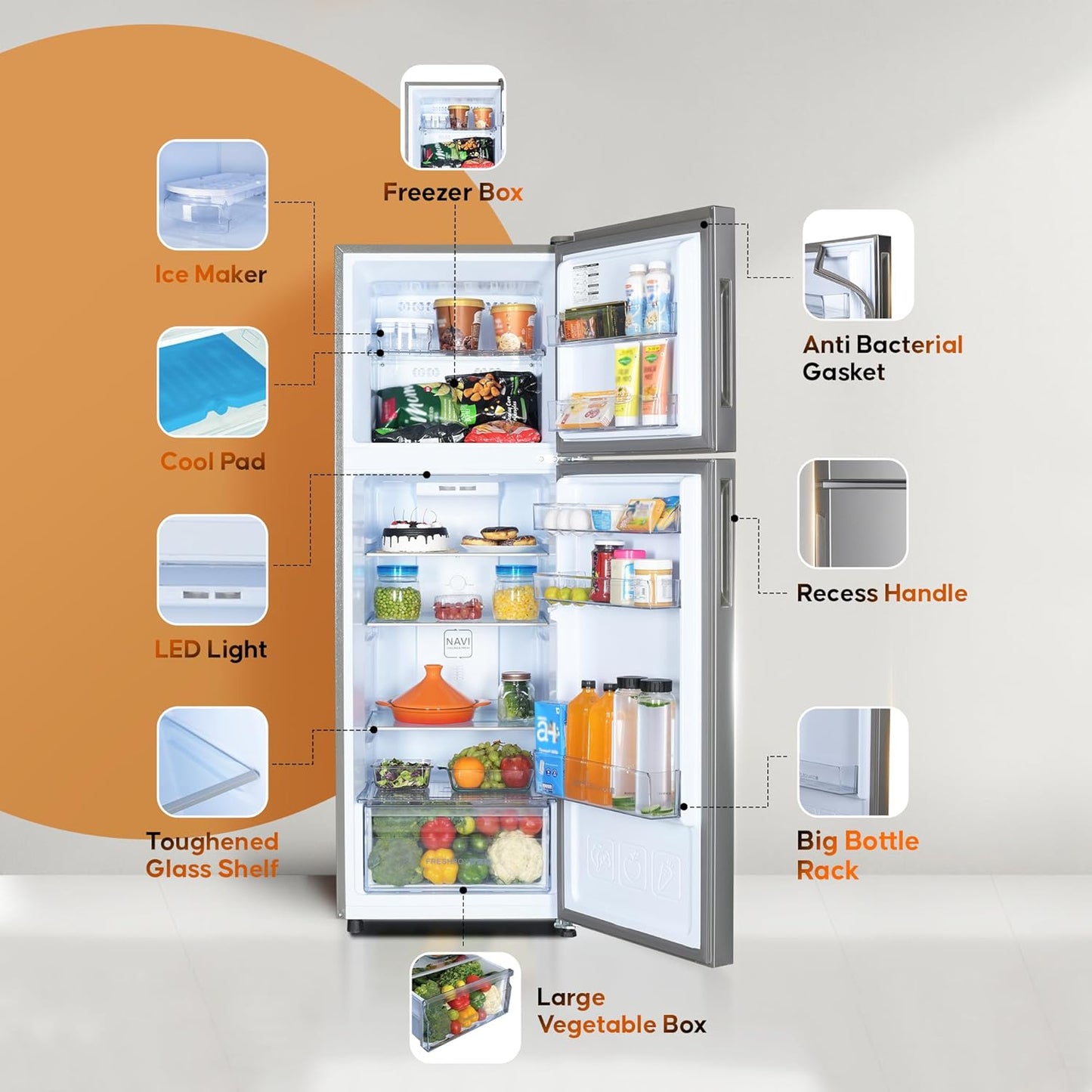 Haier 240L 2 Star Frost Free Top Mount Double Door Refrigerator|Cool Pad|200% Faster Ice Making in 49 Minutes (HEF-252EGS-P, Moon Silver)