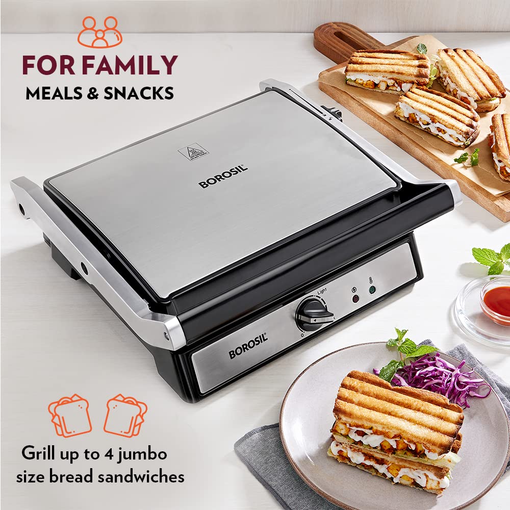 Borosil Jumbo Grill Sandwich Maker | Can Make 4 Sandwich At a Time | Electric Toaster Maker | Non-Stick Coating Plates Opens to 180°, BPA & PTFE Free | Power Indicators | 2 Year Warranty (2000W)