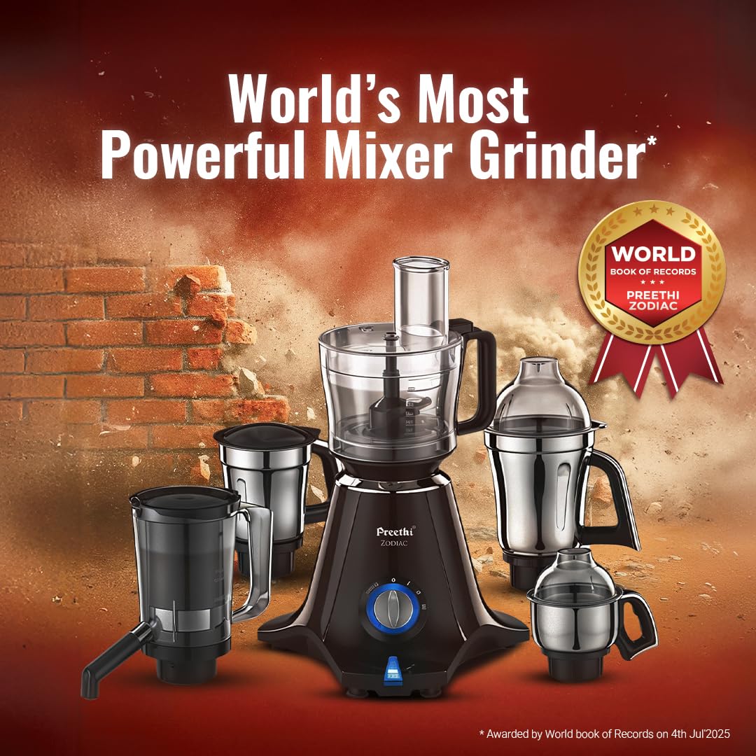 Preethi Zodiac MG-218 mixer grinder, 750 watt, Black/Light Grey, 5 jars - 3 In 1 insta fresh juicer Jar & Master chef food processor Jar, Vega W5 motor with 5yr Warranty & Lifelong Free Service