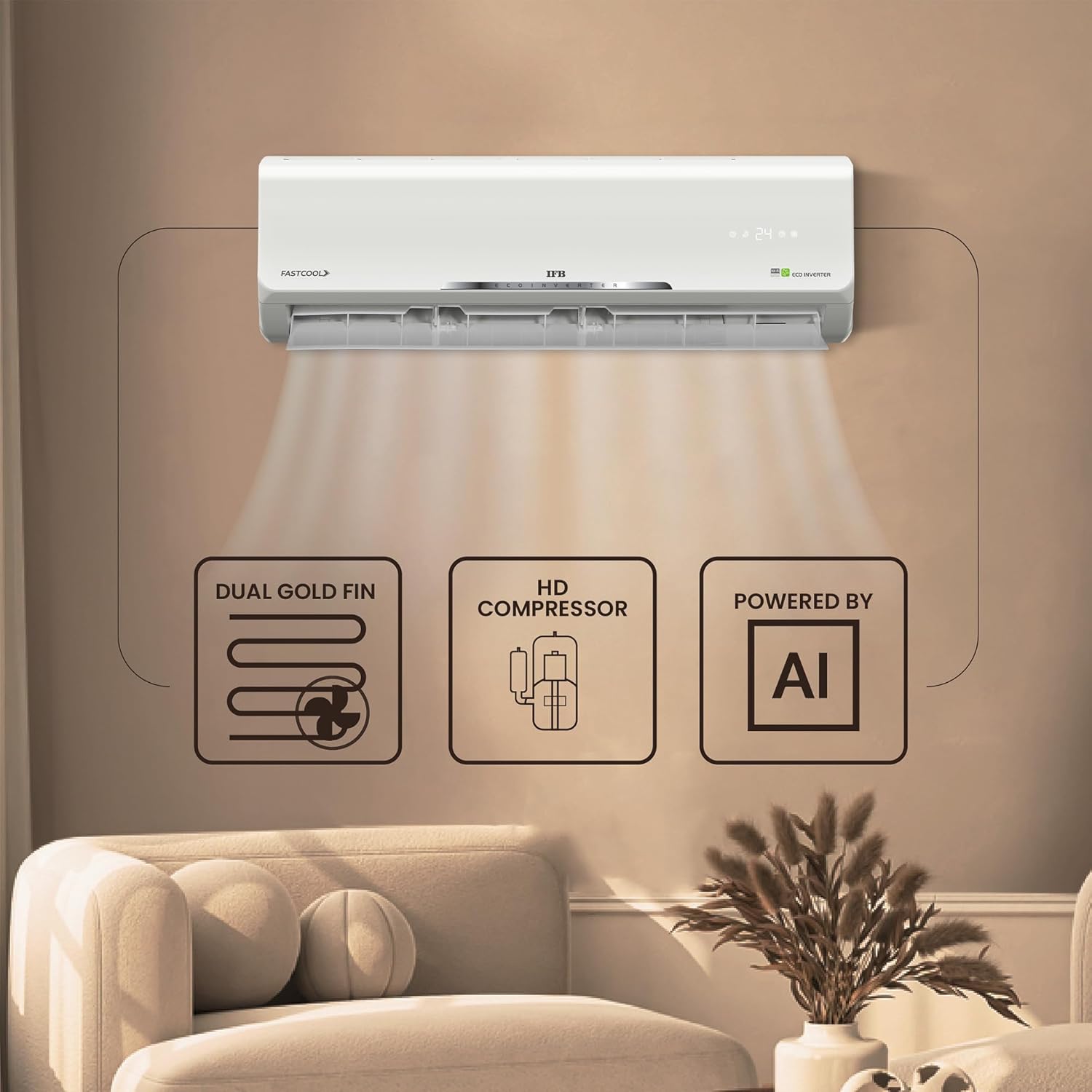 IFB 2025 Model Silver Star Series 1.5 Ton 5 Star Split AC with HD Compressor, AI, Dual Gold Fin, Nano Tek Coating & 8-in-1 Flexi Mode – White (CI185SS22RGN1, Copper Condenser)