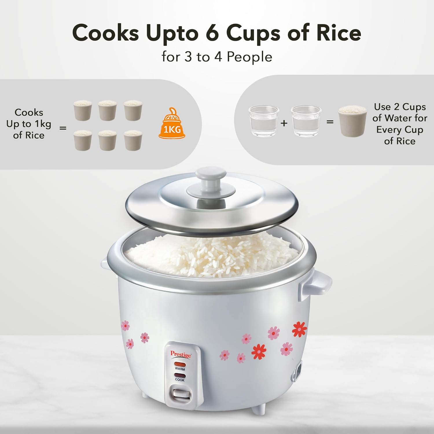 Prestige PRWO 1.8-2 Electric Rice Cooker| 2 Aluminium Cooking Pans | Stainless Steel Lid | Grey/White | Cool Touch Handles | Detachable Power Cord | 700- Watt|1.8 Litres