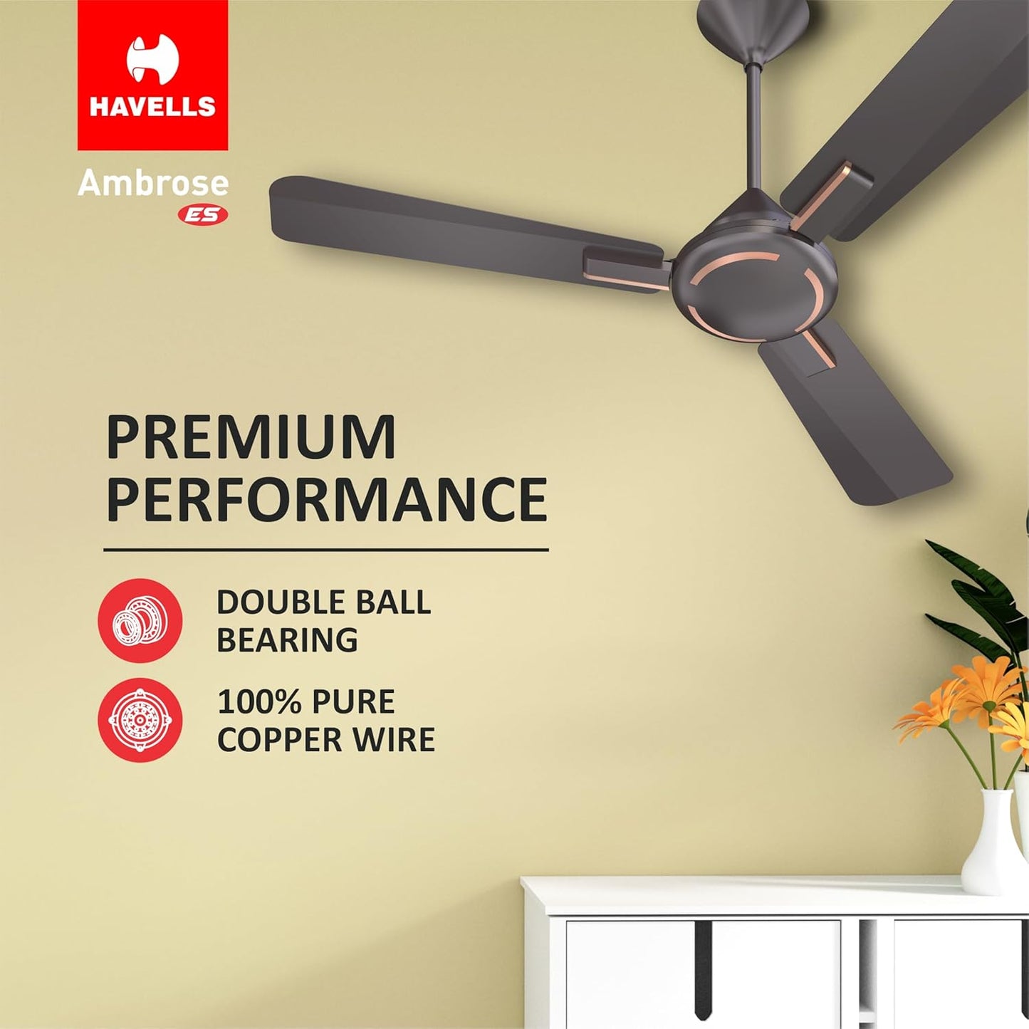 Havells 1200Mm Ambrose Es Ceiling Fan|Premium Matt Finish,Decorative Fan,Elegant Looks,High Air Delivery,Energy Saving,100% Pure Copper Motor|2 Year Warranty By Brand|3.8 stars,(Pack Of 1,Copper)