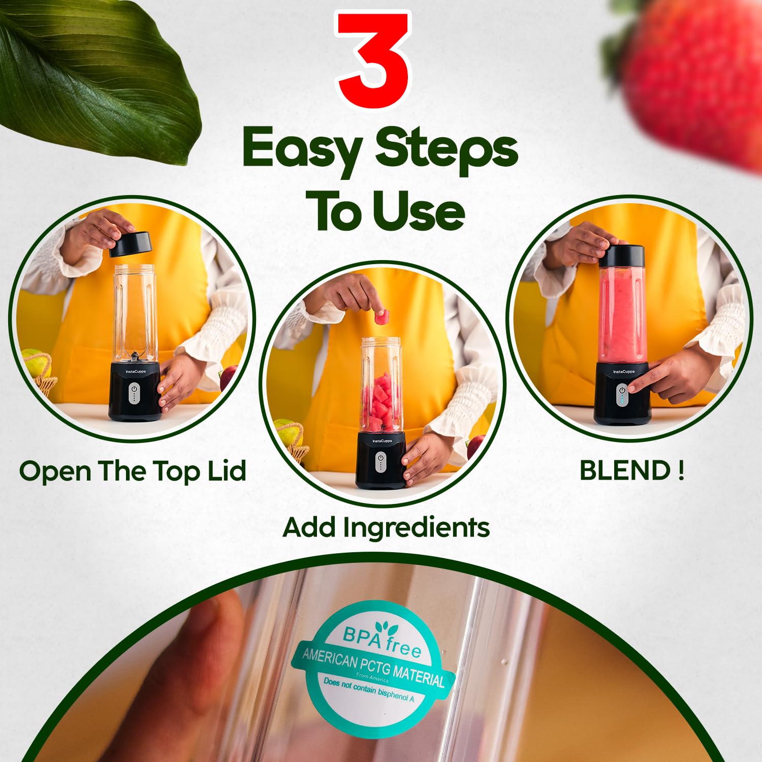 InstaCuppa Stainless Steel Portable Blender for Smoothies & Juices,Mixer Juicer that Crushes Ice,Electric Shaker USB Rechargeable Battery with 4000 mAh 230 Watts Motor,500 ML Juice Maker,Black