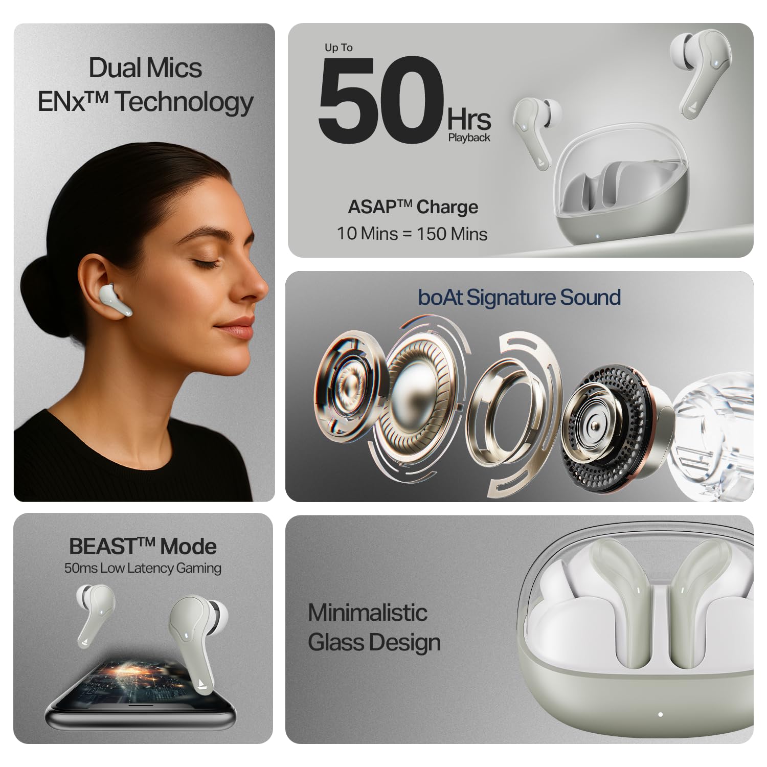 boAt Airdopes Plus 311 (2025 Launch), Glass Design, Dual Mics ENx, Fast Charge, 50 Hrs Battery, Low Latency, IPX4, Bluetooth Earbuds, TWS Ear Buds Wireless Earphones with mic (Ash Grey)