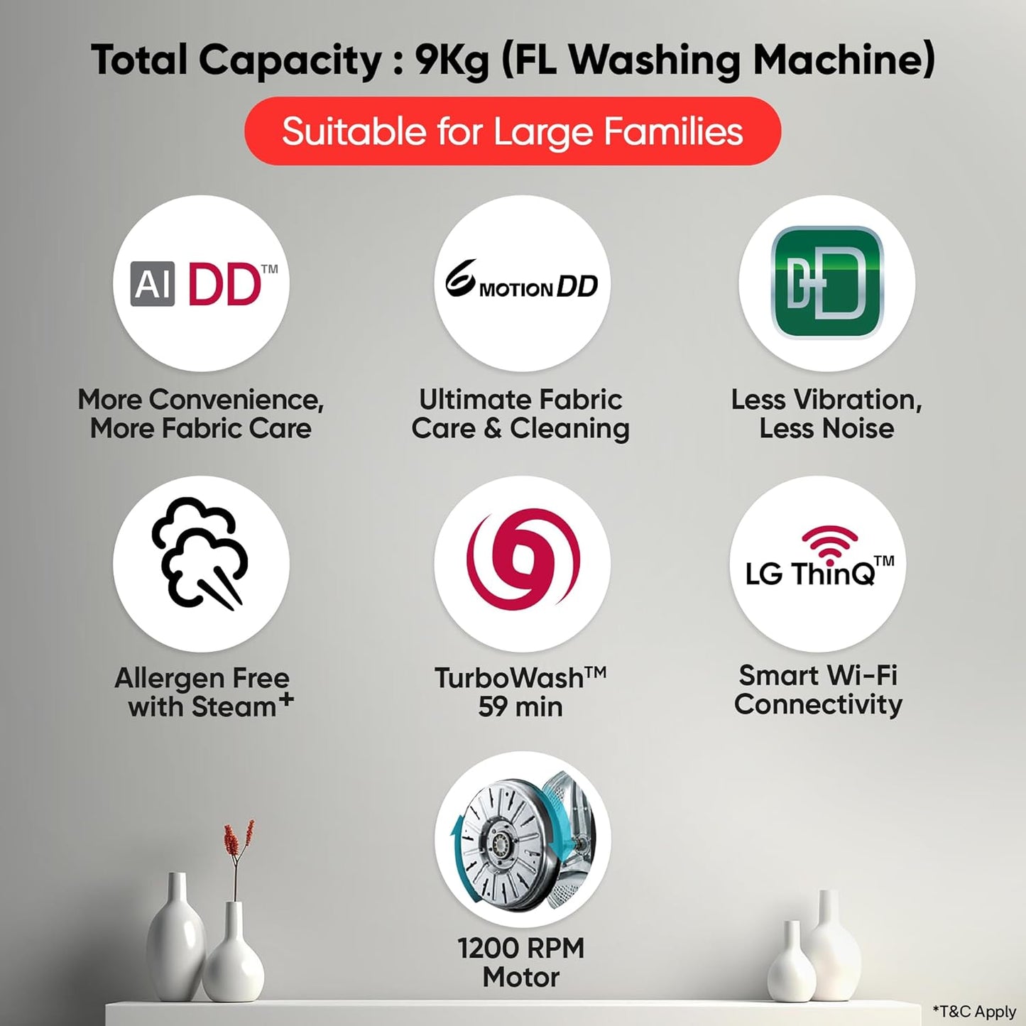 LG 9 Kg, 5 Star, AI Direct Drive Technology, Wi-Fi, Steam+ with Wrinkle Care, Fully Automatic Front-Loading Washing Machine (FHP1209Z7P, Intelligent & Convenient Fabric Care, Allergy Care, Platinum)