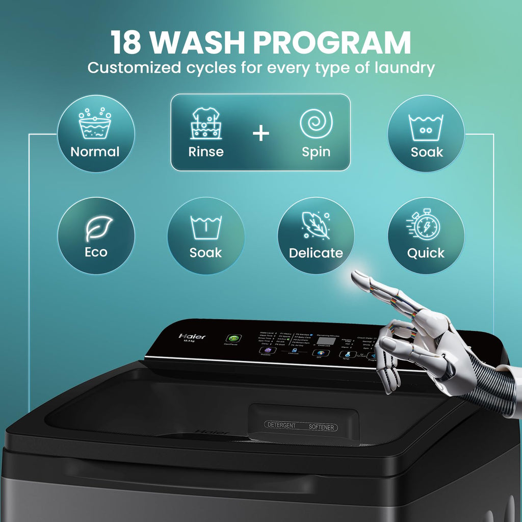 Haier 10.5 kg 5 Star Inbuilt Butterfly heater, Oceanus Wave Drum Washing Machine Fully Automatic Top Load (HWM105-H688BK,Black)