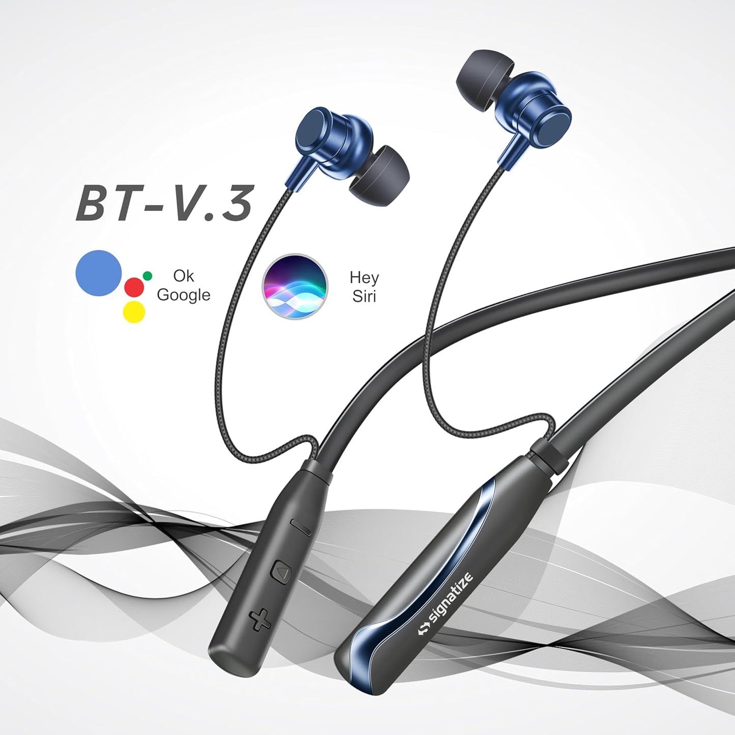 SIGNATIZE Neckband Bluetooth Headphones with 55 Hours Playtime with 10mm Drivers, Rich Music Experience, BT 5.3v, Type C Fast Charging, Neckband Earphones & IPX4 Water Resistant (Blue)