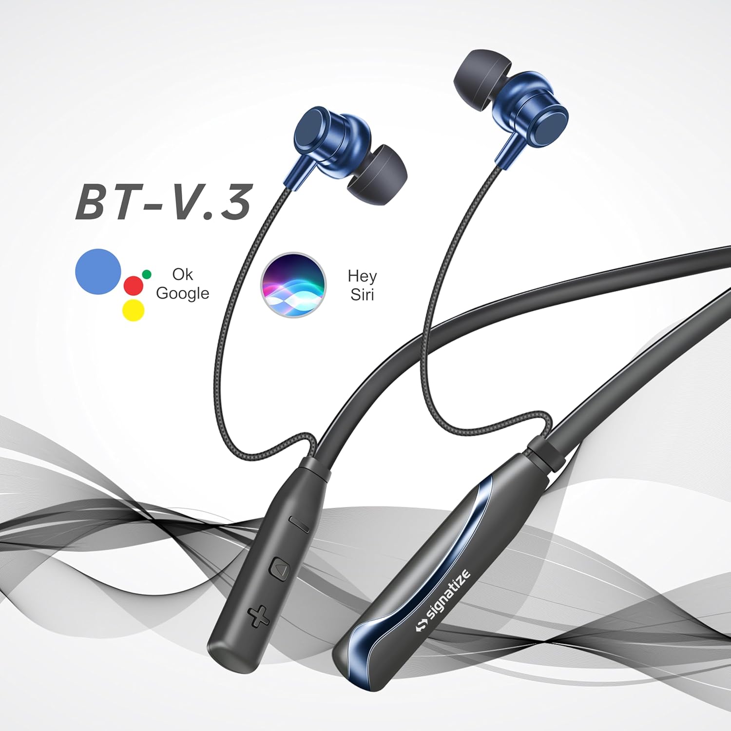 SIGNATIZE Neckband Bluetooth Headphones with 55 Hours Playtime with 10mm Drivers, Rich Music Experience, BT 5.3v, Type C Fast Charging, Neckband Earphones & IPX4 Water Resistant (Blue)