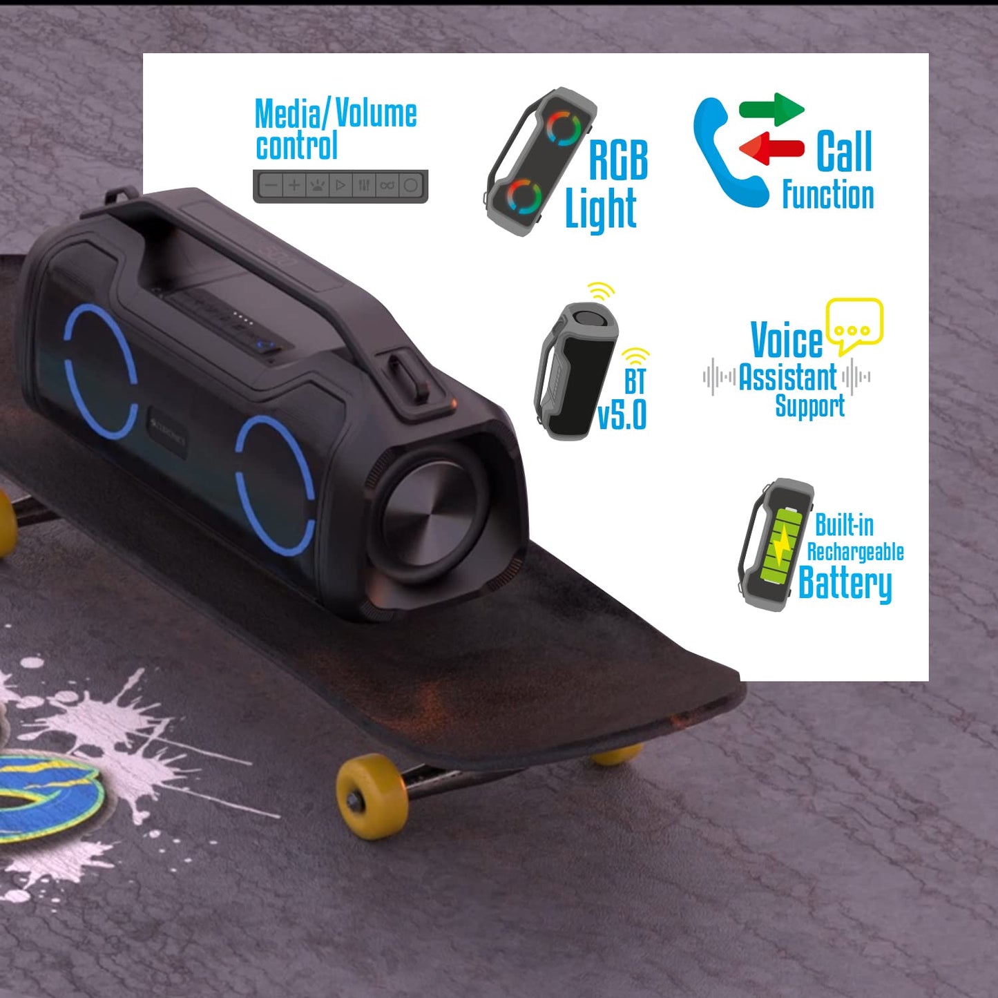 ZEBRONICS Zeb-Sound Feast 500 Bluetooth 5.0 Portable Speaker with 70W, 9H* Backup, TWS, IPX5 Waterproof, Call Function, RGB Lights, AUX, mSD, Voice Assistant, Type C and Grill Finish