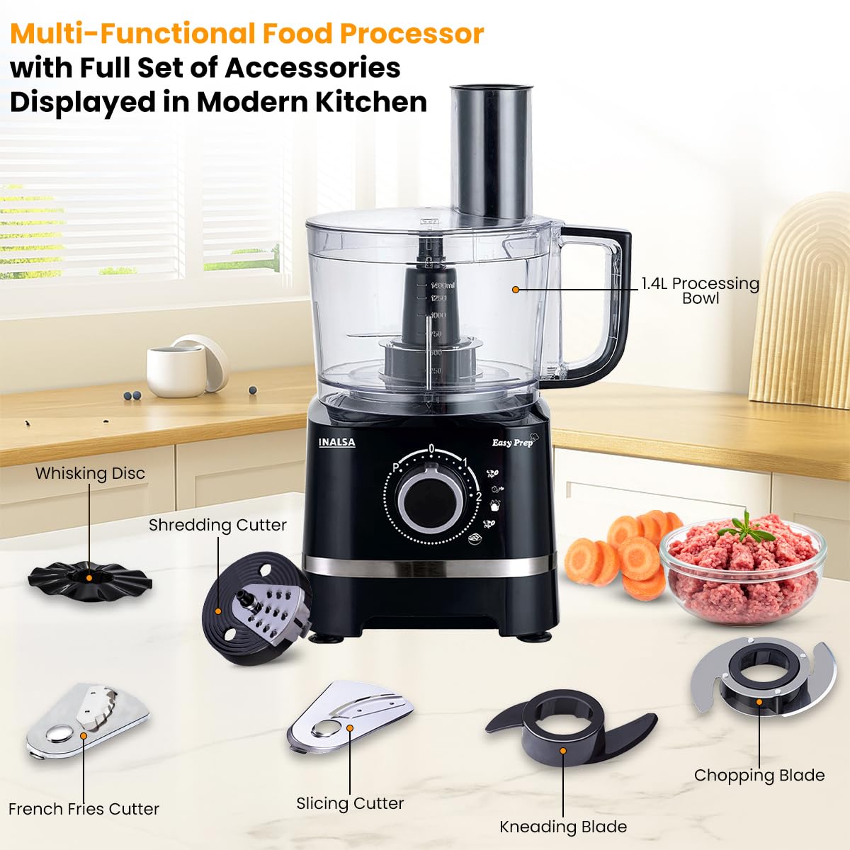 INALSA Food Processor with Atta Kneader 800 Watts|1.4L Processing Bowl 7 Accessories including Dough Maker Electric Chopper,French Fry Cutter,Slicer,Shredder,Meat Mincer Dough Maker Machine,Easy Prep