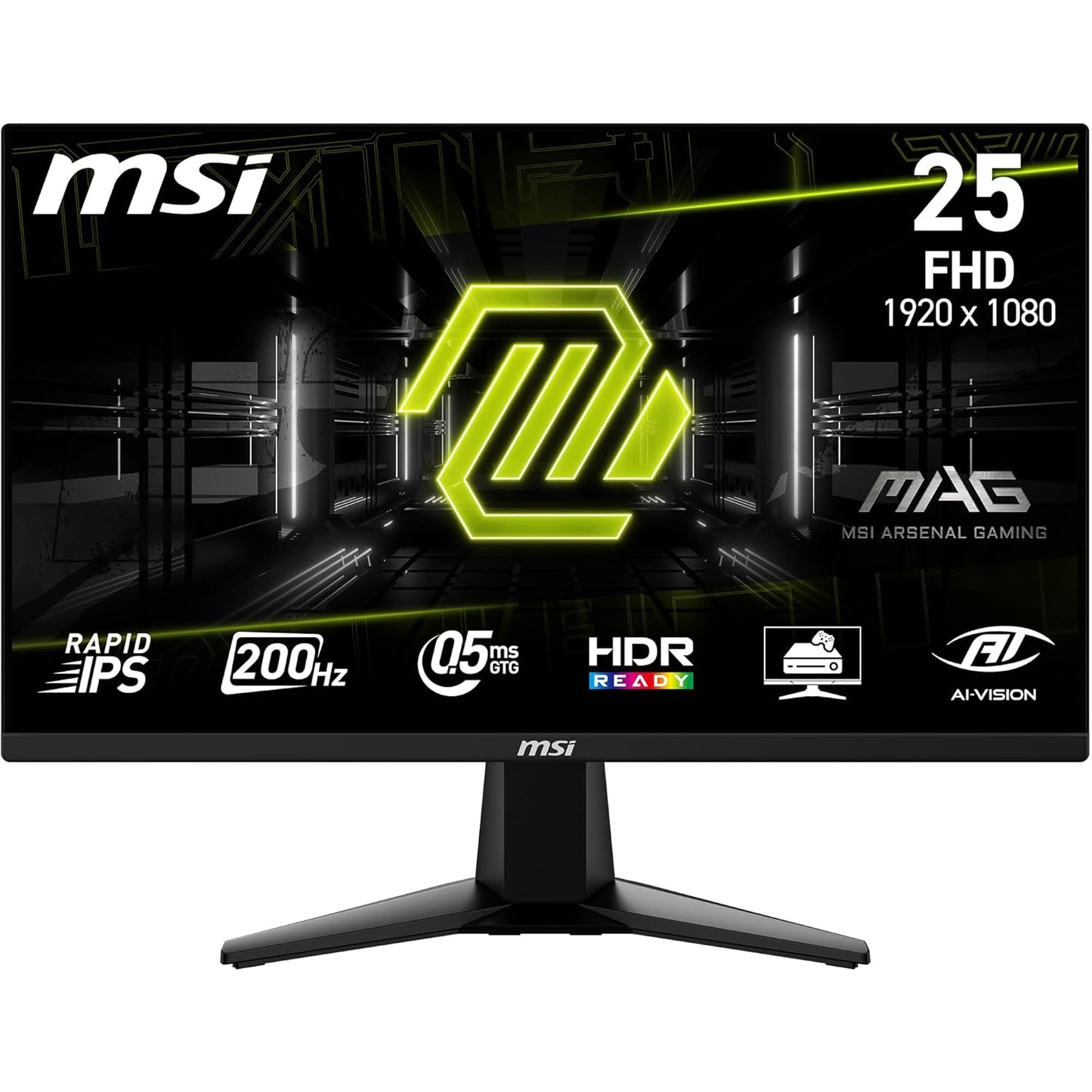 MSI MAG 255F E20 24.5-Inch FHD 1920x1080 Gaming Monitor, 200Hz, 0.5ms, HDR Ready, AMD FreeSync Premium, Eye Care, AI Vision, HDMI 2.0b, DP 1.2a, Frame-Less, Tilt Adjustable, Vesa Mount, Black