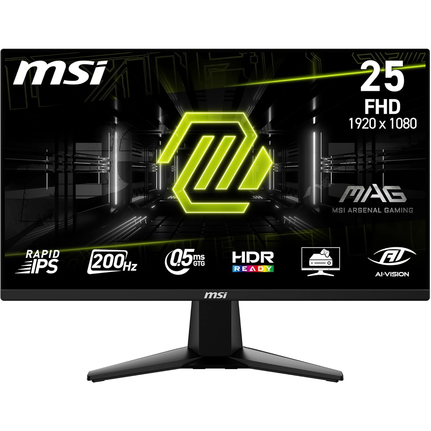 MSI MAG 255F E20 24.5-Inch FHD 1920x1080 Gaming Monitor, 200Hz, 0.5ms, HDR Ready, AMD FreeSync Premium, Eye Care, AI Vision, HDMI 2.0b, DP 1.2a, Frame-Less, Tilt Adjustable, Vesa Mount, Black