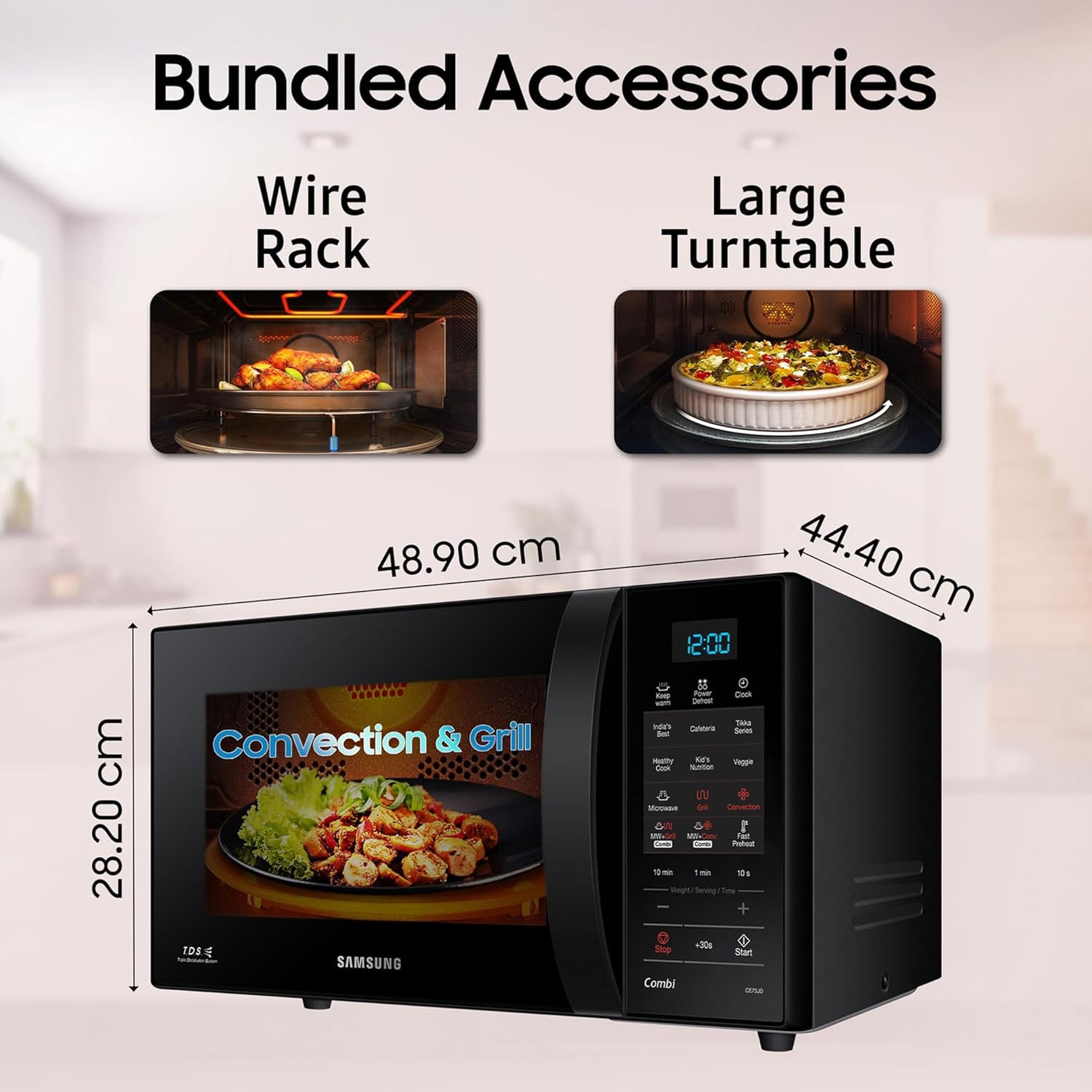 Samsung 21 L, Convection Microwave Oven (CE73JD-B1/XTL, Black, Various Cooking Modes, Pre heat, Eco Mode, Power Defrost, Auto Cook, Wire Rack, Ceramic Enamel Cavity with 10 year warranty)