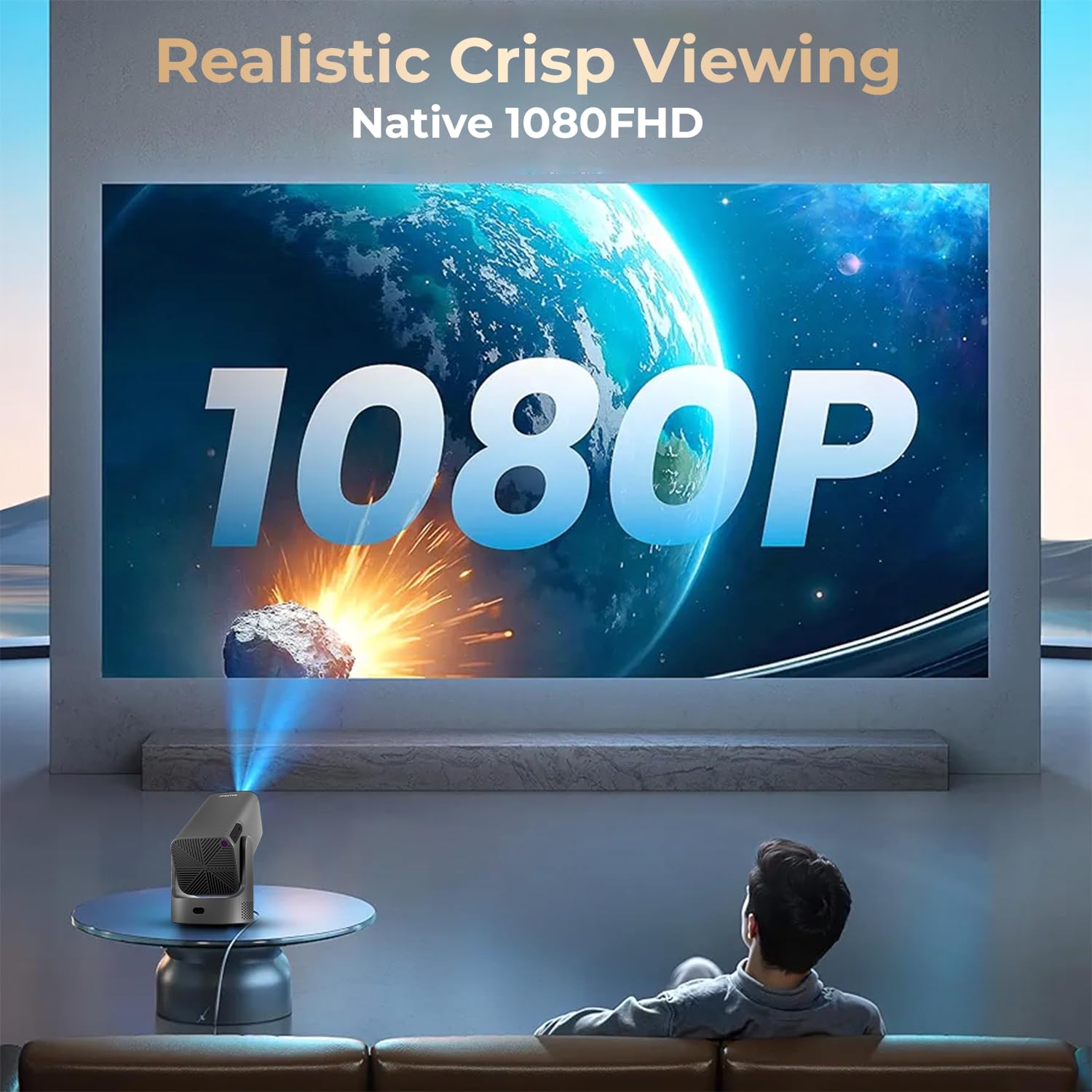 WZATCO Yuva Go Max, Android 13, Fully Automatic, Smart Home Projector 4k Ultra HD, Native 1080P, Live TV, HDMI ARC, WiFi 6 & BT, Screen Mirroring, Portable Room Cinema, 270° Rotate, Grey