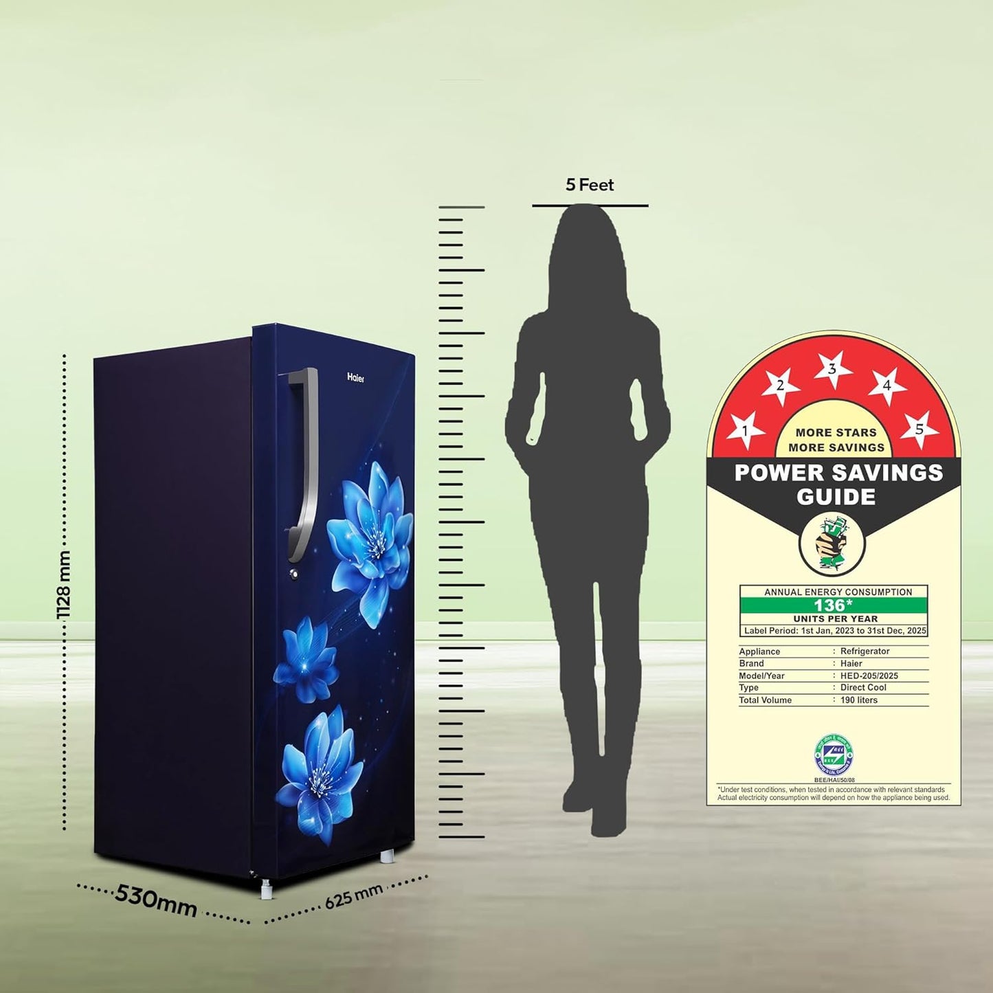 Haier 190 L, 5 Star, Direct-Cool Single Door Refrigerator (HED-205MF, Marine Peony)
