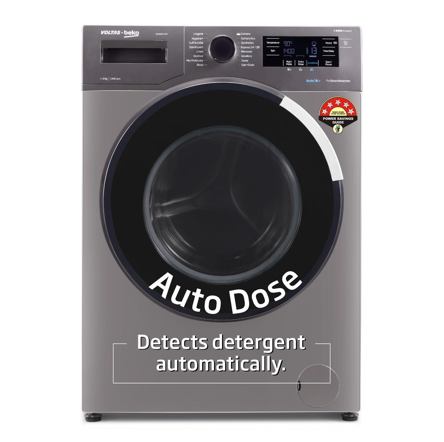 Voltas Beko, A Tata Product 8 Kg 5 Star Inverter Quick wash Fully-Automatic Front Loading Washing Machine (WFL8012B7JVBKA/AXV, Anthracite, In buit Heater/Hygiene steam)