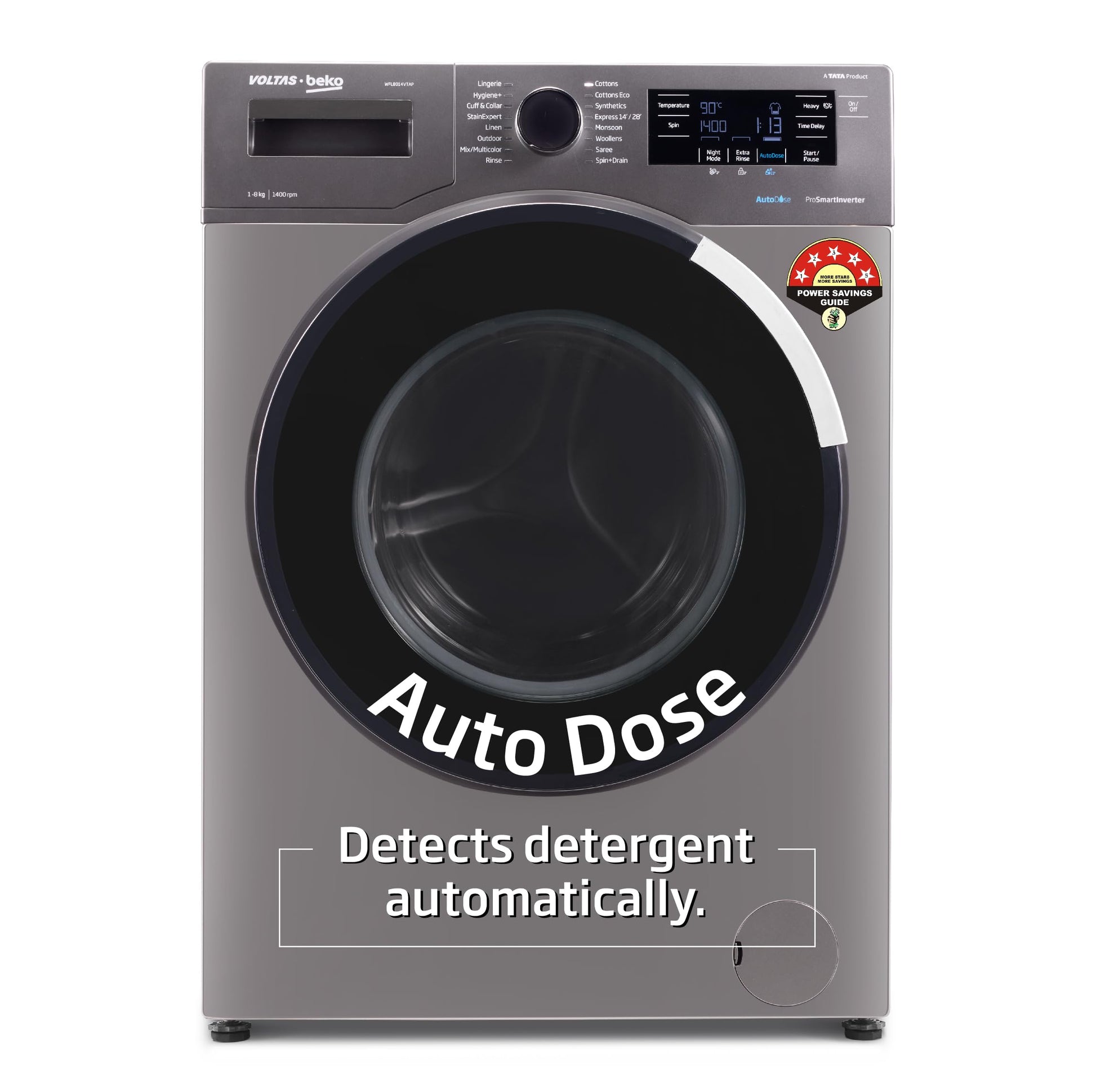 Voltas Beko, A Tata Product 8 Kg 5 Star Inverter Quick wash Fully-Automatic Front Loading Washing Machine (WFL8012B7JVBKA/AXV, Anthracite, In buit Heater/Hygiene steam)