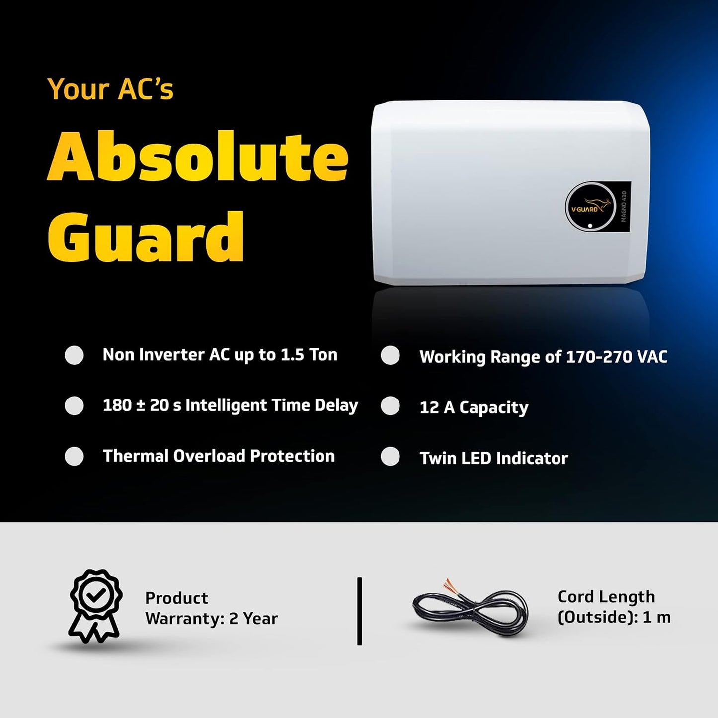 V-Guard Magno 410 AC Stabilizer for 1.5 ton AC | Intelligent Time Delay System | Energy Efficient Design | Convenient LED Indicator | 2 Year Warranty by V-Guard| White (Working Range 170-270 VAC)