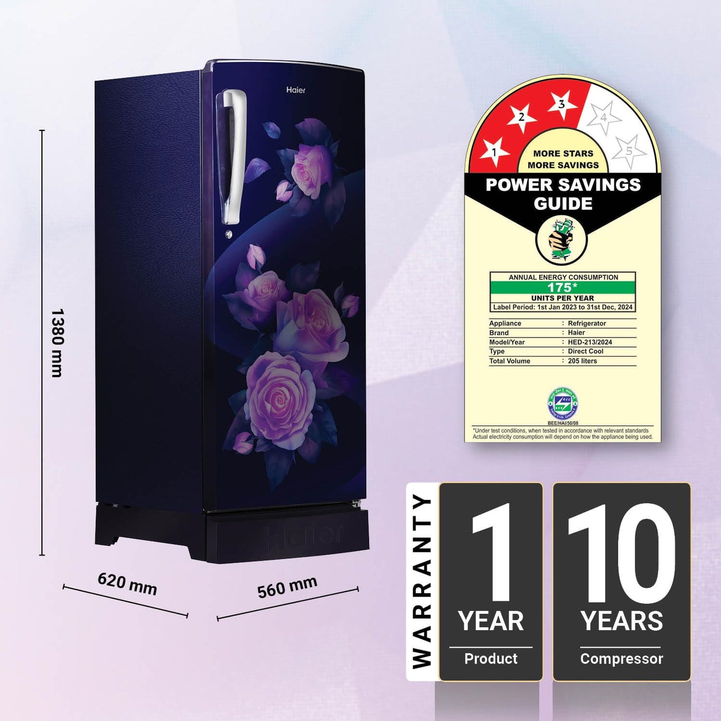 Haier 205 L, 3 Star, Direct-Cool Single Door Refrigerator (HED-213MRB-N, Marine Rose, Base Stand Drawer)