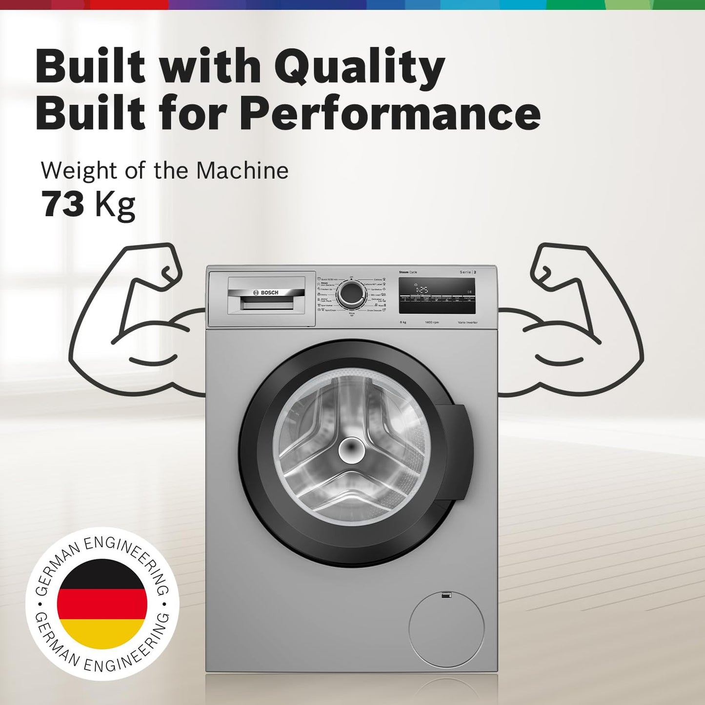 Bosch 8 kg, 5 Star, AI Active Water+, Anti-Tangle, Steam Anti Bacterial, Anti-Wrinkle Fully-Automatic Front Loading Washing Machine (WAJ2826BIN, In-Built Heater, Shiny Silver)