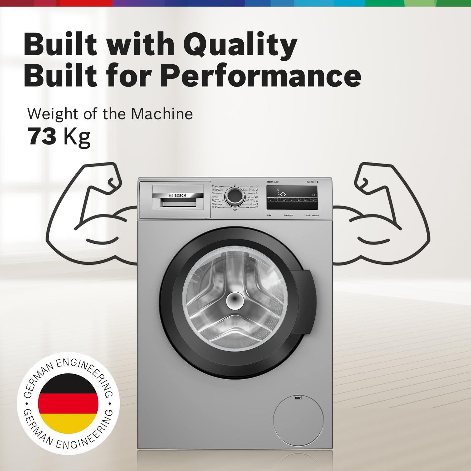 Bosch 8 kg, 5 Star, AI Active Water+, Anti-Tangle, Steam Anti Bacterial, Anti-Wrinkle Fully-Automatic Front Loading Washing Machine (WAJ2826BIN, In-Built Heater, Shiny Silver)