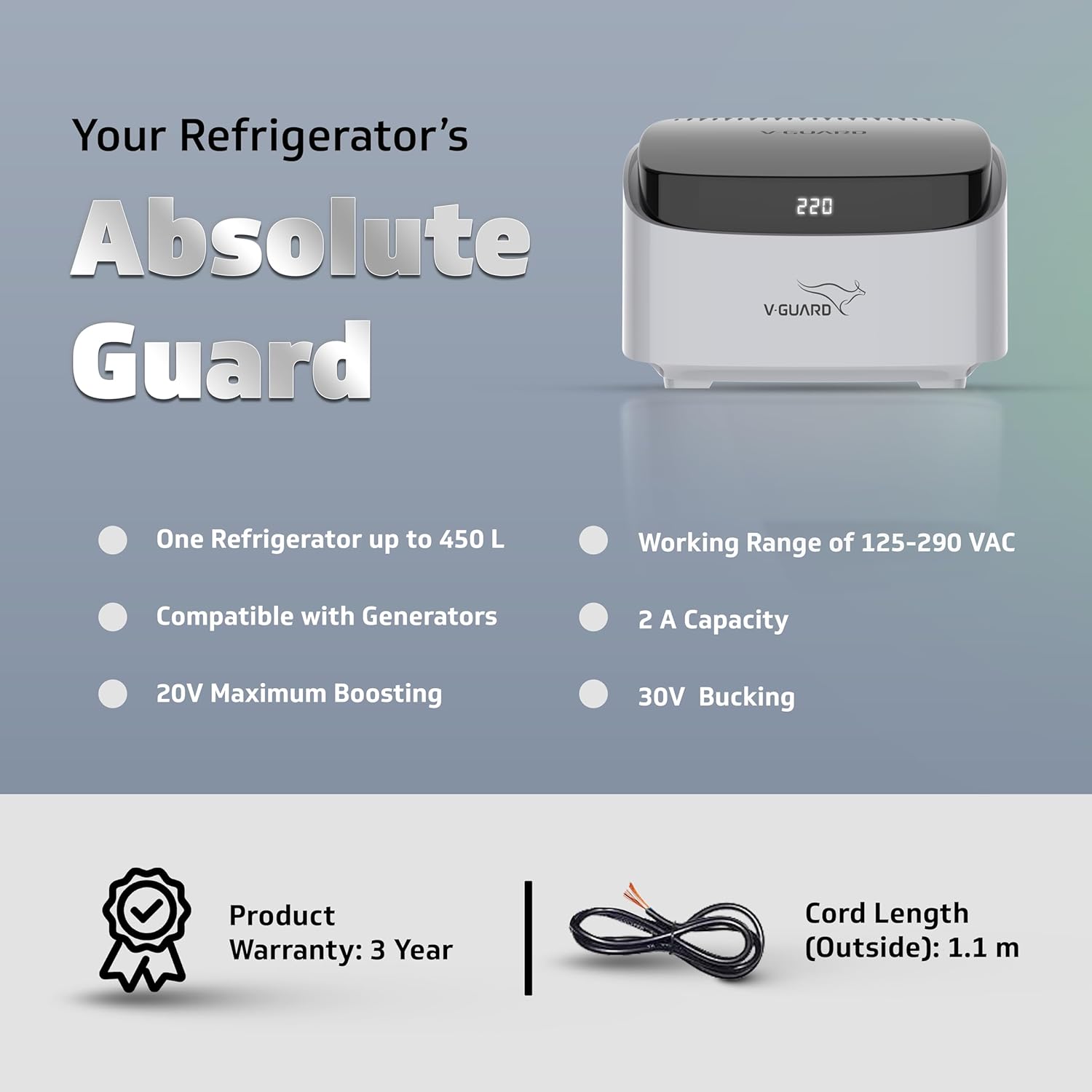 V-Guard Trossia 450 DG Stabilizer for Refrigerator up to 450 Litre | Advance Overheat Protection | 2 A Capacity | Digital Display | 3 Year Warranty by V-Guard | Grey (Working Range:125-290 VAC)